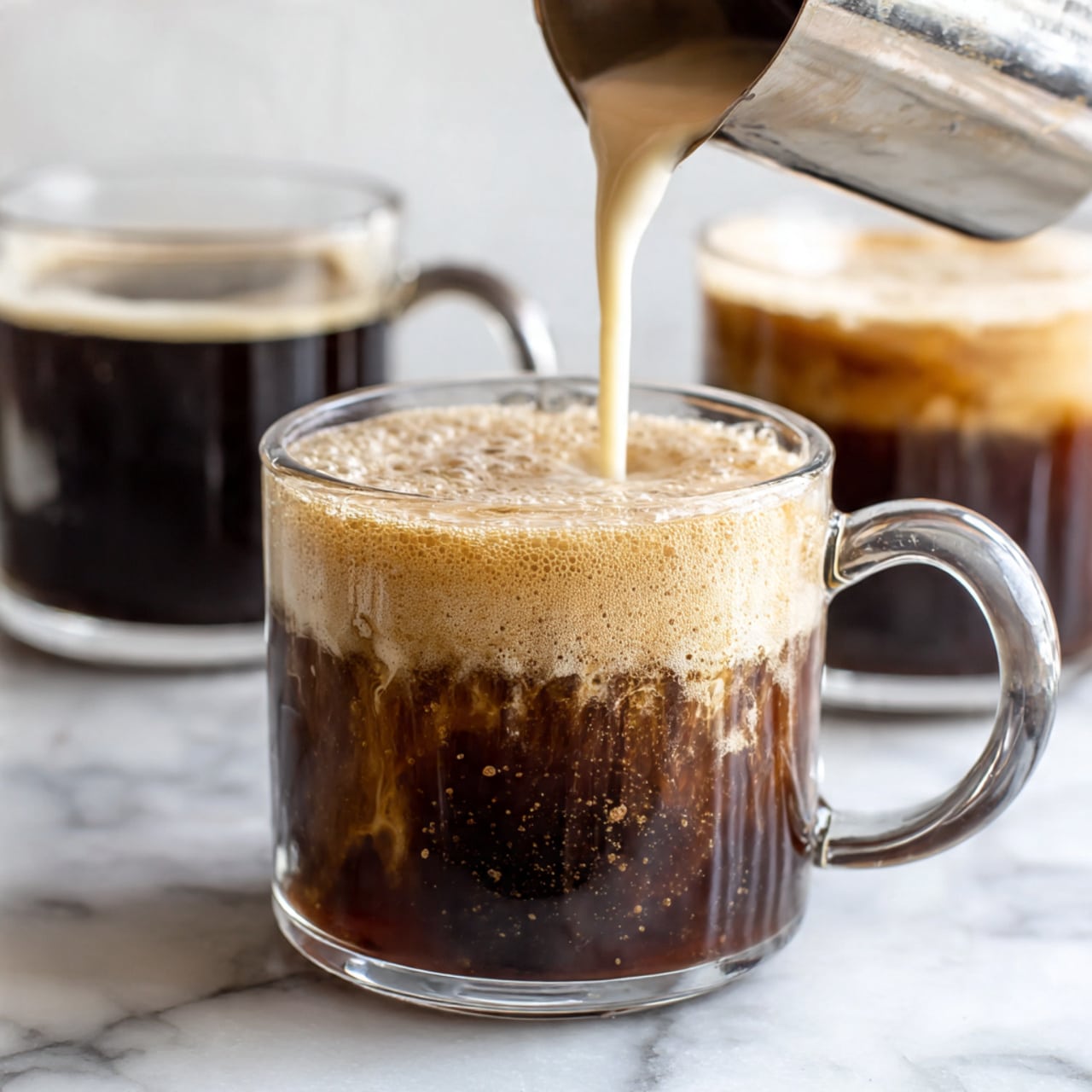 A clear glass mug with a handle is half filled with dark brown coffee that has some foam on top, sitting on a white marbled surface. A metallic silver container is pouring light beige cream into the coffee, creating swirls and bubbles where the two liquids mix in the middle of the mug. In the blurred background, two other cups with dark coffee are partially visible on the white marbled surface. The scene is bright with soft light coming from behind, highlighting the creamy liquid stream. Photo taken with an iphone --ar 4:5 --v 7