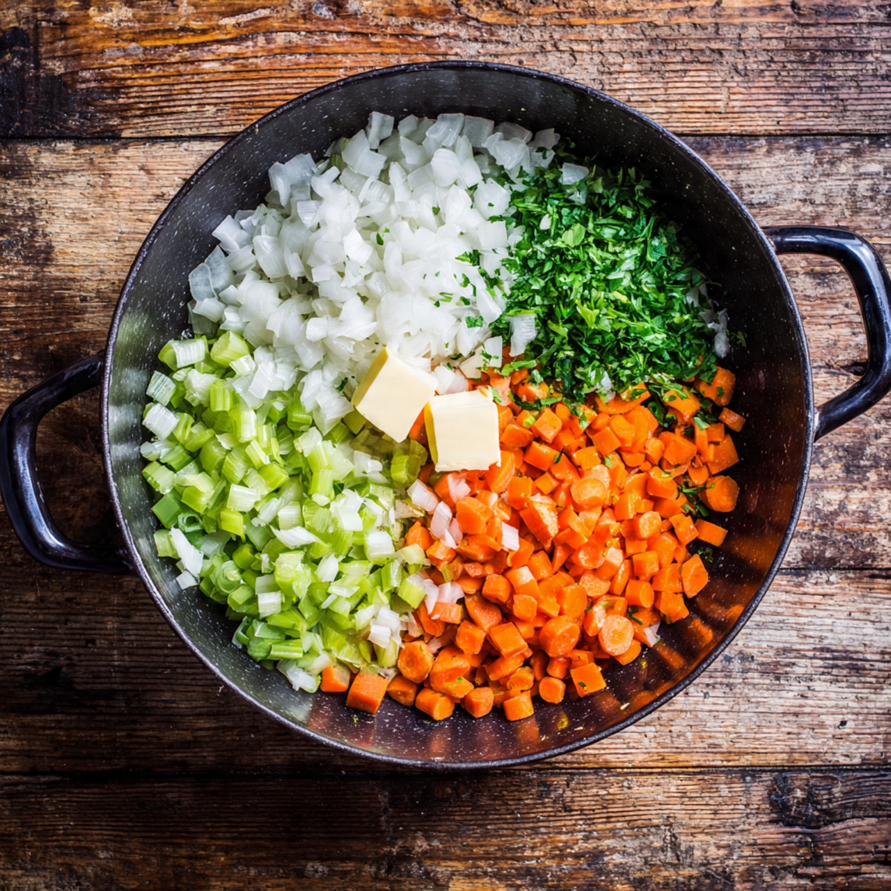 A large black round pan with two handles is filled with three layers of chopped vegetables, each forming a separate section. On the right side, there is a pile of small orange carrot pieces, slightly rounded and smooth. To the top, there is a pile of chopped white onions, with a soft and slightly translucent look. On the left side, there is a pile of chopped pale green celery pieces, showing their small cubes and fresh texture. Near the celery is a small piece of solid pale yellow butter. The pan sits on a worn wooden surface with a rustic look. photo taken with an iphone --ar 4:5 --v 7