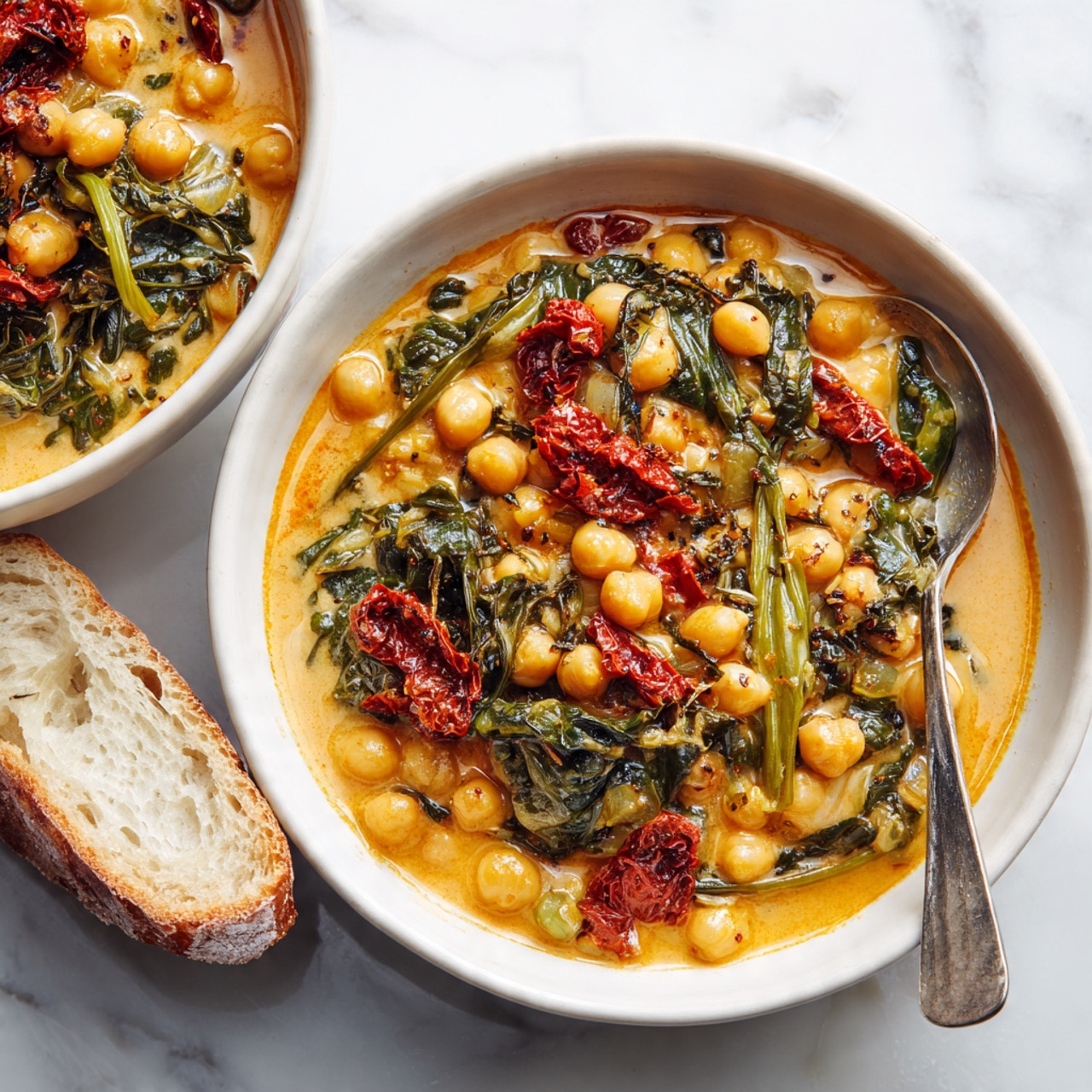 Two white bowls are filled with a thick chickpea stew mixed with green leafy vegetables and red pieces of sun-dried tomatoes. The stew has a creamy, light orange sauce coating the chickpeas and vegetables. A slice of crusty white bread is placed partially inside the bowl in the front, showing its airy and soft texture. A silver spoon stands inside that same bowl. The scene is set on a white marbled surface. photo taken with an iphone --ar 4:5 --v 7
