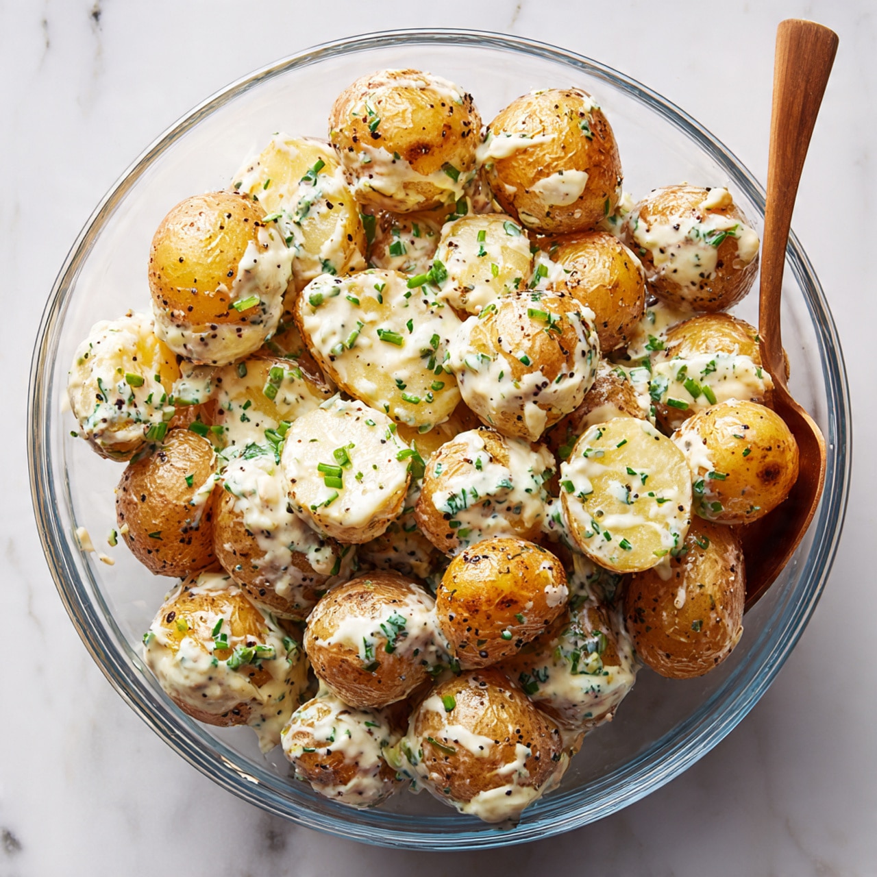 A clear glass bowl filled with small golden-brown baby potatoes, some whole and some cut in half, all coated in a shiny layer of creamy dressing with visible black pepper and small green herb bits. The potatoes' skins add a textured look, and the green herbs are scattered evenly throughout, creating a fresh contrast. The bowl is set on a white marbled surface. photo taken with an iphone --ar 4:5 --v 7