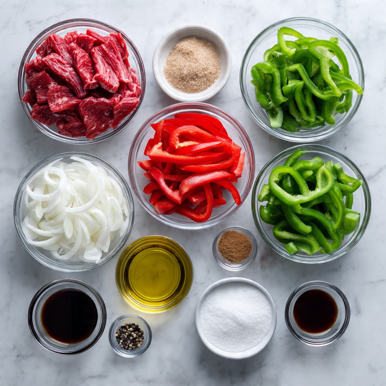 The image shows nine clear glass bowls arranged on a white marbled surface. The top row has three larger bowls: on the left, red raw flank steak sliced thinly; in the middle, bright red sliced bell peppers; on the right, vibrant green sliced bell peppers. Below them are smaller bowls: on the far left, white sliced onion; next to it, a small bowl with finely chopped garlic. In the center bottom row, a small bowl with clear olive oil, next to that a small bowl with light rice vinegar; to the right, a tiny bowl with white cornstarch, next to that a bowl with dark brown soy sauce, and finally, at the far right, a small bowl of brown sugar. There is also a tiny white dish containing black pepper and salt near the garlic. All bowls are neatly spaced and clearly labeled. Photo taken with an iphone --ar 4:5 --v 7