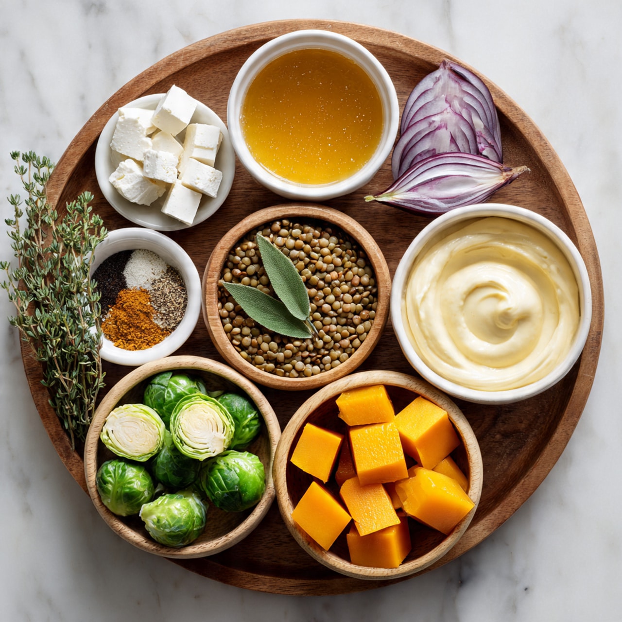 A round wooden tray holds several white bowls and small wooden bowls arranged neatly on a white marbled surface. Starting from the top, a small white bowl contains clear golden maple syrup, next to it is a white bowl filled with creamy Dijon mustard with a smooth swirl on top. Below these, a wooden bowl is filled with light brown lentils and a fresh green bay leaf placed on top. To the left, a small white bowl contains mixed spices alongside a sprig of fresh green thyme. On the bottom left, a white bowl holds fresh Brussels sprouts, halved to show their layered light and dark green leaves. Next to it, a wooden bowl contains wedges of bright purple-red onion. Finally, on the bottom right, another wooden bowl is filled with chunks of vibrant orange butternut squash. At the top left, a white bowl holds white goat cheese broken into rough chunks. photo taken with an iphone --ar 4:5 --v 7