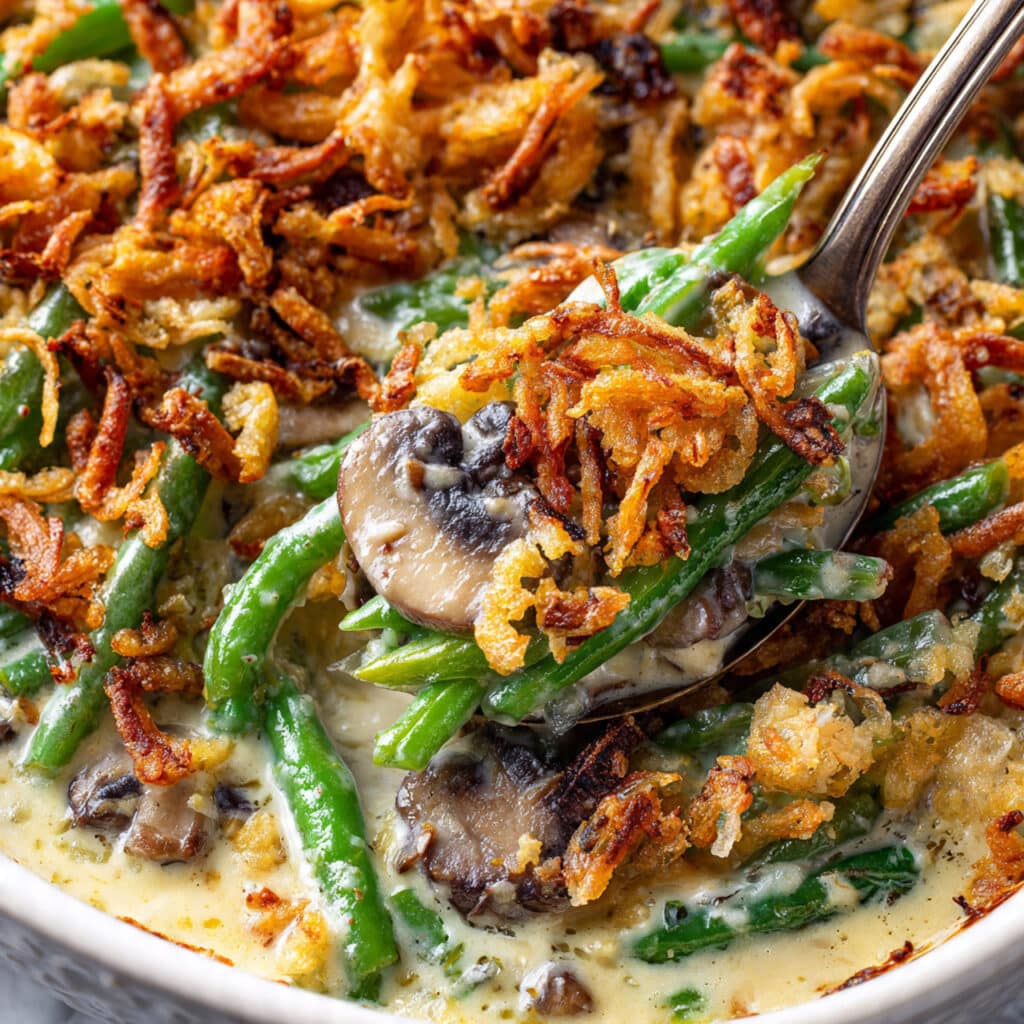 Fresh Green Bean Casserole with Mushrooms and Crispy Onion Topping Recipe
