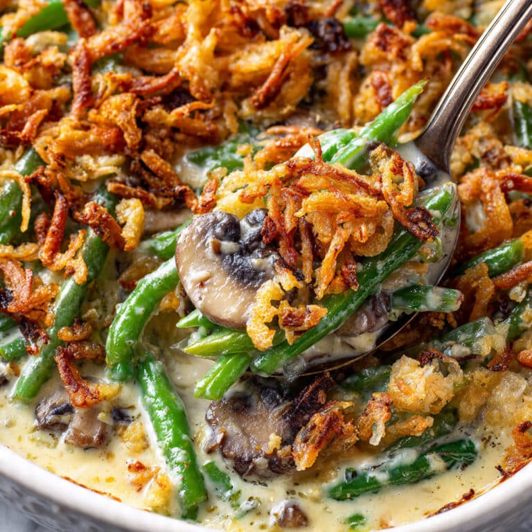Fresh Green Bean Casserole with Mushrooms and Crispy Onion Topping Recipe