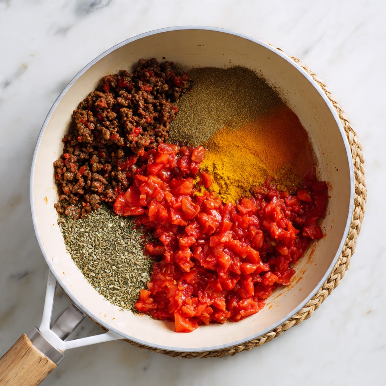 A white round pan on a white marbled surface with a woven beige mat underneath holds a mixture of cooked ground meat and onions forming a chunky brown layer on the left side, a bright red layer of chopped tomatoes in the middle, and a pile of light brown powdered spices on top of the tomatoes. The pan also contains orange-brown liquid filling the spaces between the layers, creating a vibrant mix of colors and textures. photo taken with an iphone --ar 4:5 --v 7