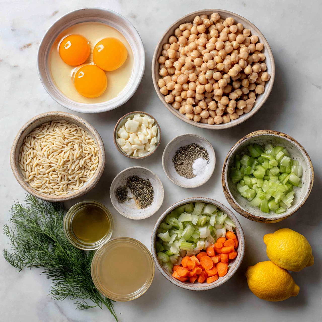 The image shows several white bowls with different ingredients placed on a white marbled surface. In the top left bowl, there are two cracked eggs with bright orange yolks in a clear egg white. To the right, a bowl is full of light beige chickpeas. Below the eggs, a small bowl holds chopped white garlic pieces. Next to it, a medium bowl contains raw orzo pasta with a pale cream color and rice-like texture. In the bottom center, a small bowl holds mixed salt, black pepper, and dried herbs in white, black, and green specks. To the bottom right, a larger bowl is divided into three sections showing chopped light green celery, white onion pieces, and orange carrot slices. Two whole yellow lemons sit beside the chickpeas. Finally, in a glass container at the bottom left, there is a light brown broth. A small bunch of dill with green feathery leaves lies near the bowls. Photo taken with an iphone --ar 4:5 --v 7