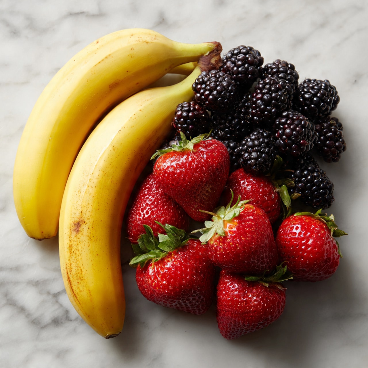 A bunch of fresh red strawberries with green leaves and shiny texture lies in the front right. Next to them, to the left, is a pile of blackberries with small, round, dark purple-black segments. Behind and above these berries, there are two ripe yellow bananas with brown spots. All the fruit sits directly on a white marbled surface. The photo taken with an iphone --ar 4:5 --v 7