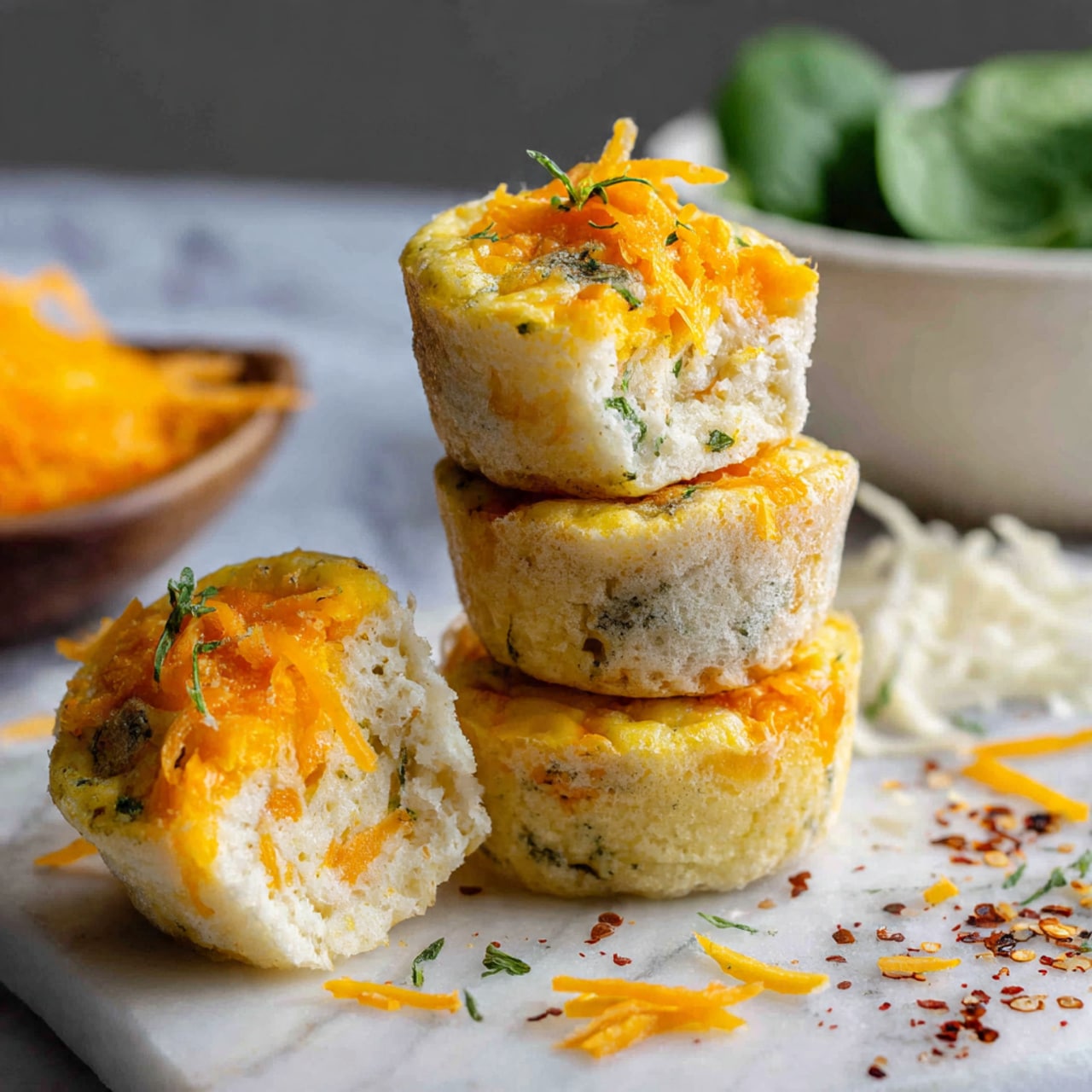 The image shows a stack of three small egg muffins with a light yellow base and orange cheese on top. Each muffin has a soft, slightly spongy texture with bits of cheese and herbs inside. Next to the stack, one muffin lies on its side, showing its inside filled with shredded orange cheese and tiny green herb pieces. The muffins sit on a white marbled surface sprinkled with some red flakes, and shredded cheese is scattered around. In the background, there is a white bowl filled with green leafy spinach, slightly out of focus. Photo taken with an iphone --ar 4:5 --v 7