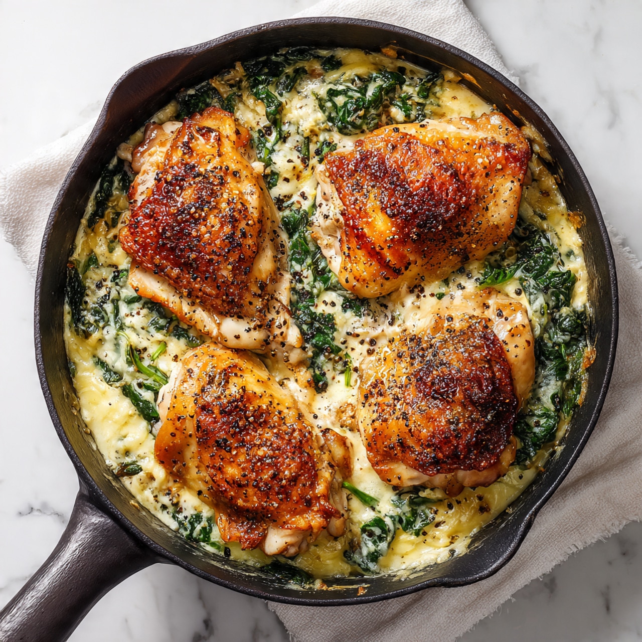 The image shows a black cast iron pan with four cooked chicken pieces, each browned with a golden color and sprinkled with black pepper. Two of the chicken pieces are placed on top of a creamy, pale yellow filling mixed with spinach, which adds green specks and a soft, textured layer under the chicken. The pan sits on a white marbled surface with a white cloth nearby. The cooked chicken has a crispy skin texture with some darkened spots around the edges, and the filling looks creamy and rich, slightly bubbling against the pan. photo taken with an iphone --ar 4:5 --v 7