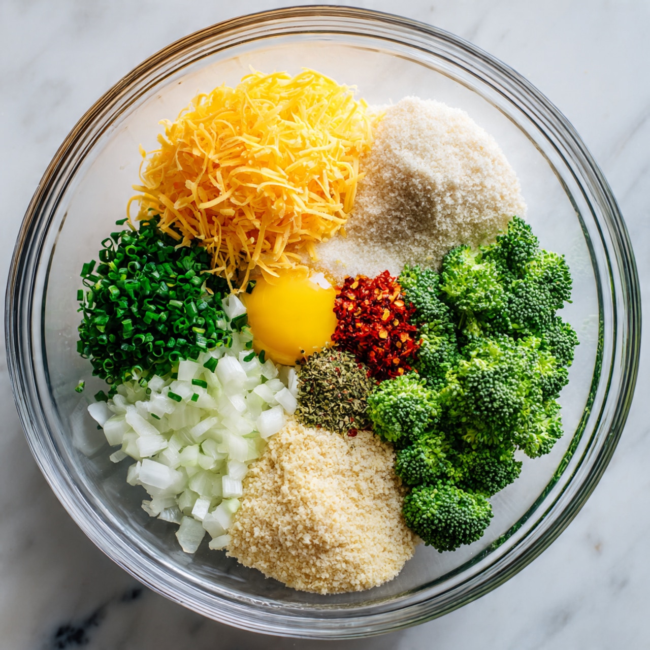 A clear glass bowl filled with a mix of ingredients seen from above, placed on a white marbled surface. Inside the bowl there are distinct layers: bright green chopped broccoli on the right, finely chopped onions in white on the bottom left, a pale beige crumbly layer next to the onions, a cluster of fresh chopped green herbs near the center bottom, a mound of shredded orange cheese on the top left, a raw yellow egg yolk next to the cheese, and small piles of white salt, black pepper, and red chili flakes seasonings in the middle. photo taken with an iphone --ar 4:5 --v 7
