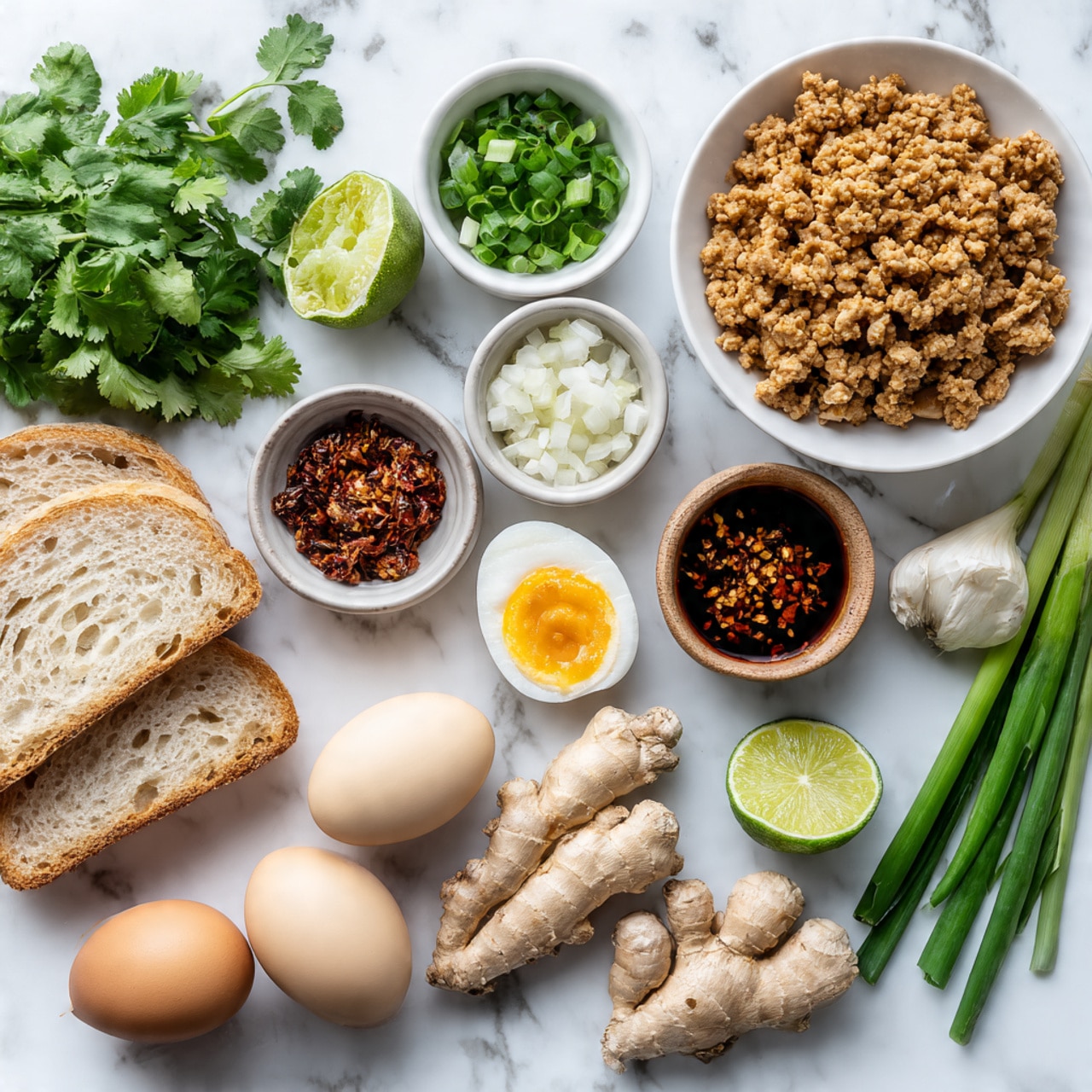 A top view of various cooking ingredients arranged neatly on a white marbled surface. In the top left, a clear plastic container holds a layer of light pink ground turkey with a ribbed texture. To its right, a small clear glass bowl contains two light brown eggs with smooth shells. Below the eggs, a small clear bowl is filled with finely chopped white onion. In the center left, a white bowl holds three slices of light tan bread with a soft texture. Scattered slightly to the right are several whole garlic cloves in off-white, along with a piece of light brown ginger root. Two small white bowls contain chopped dark green cilantro, placed near the center. A larger clear bowl near the bottom center is filled with bright green chopped green onion, and two smaller white bowls on the right also contain chopped cilantro and green onion, respectively. A small white spoon holds crushed red pepper flakes with a mix of red and orange tones. Another white spoon near it holds granular salt, pure white in color. Bottom left shows a clear measuring cup filled with bright red Thai sweet chili sauce, and next to it sits a whole lime of bright green color. The overall layout is orderly with a mix of natural colors and textures, photo taken with an iphone --ar 4:5 --v 7