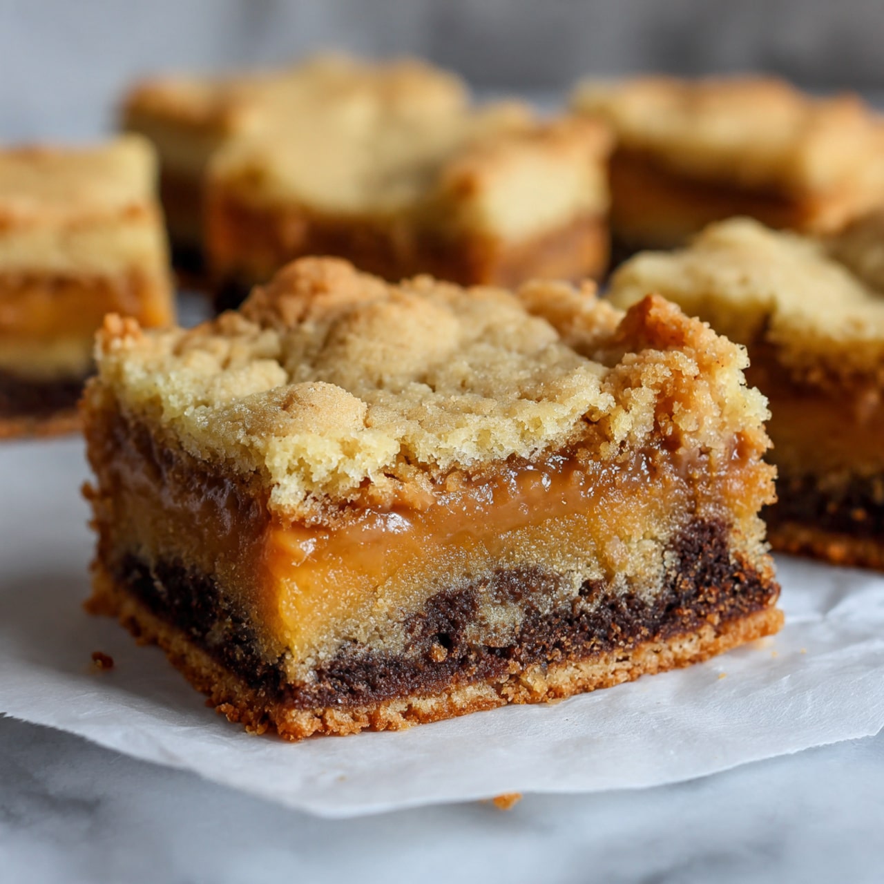 The image shows a close-up of a square bar with three visible layers. The top layer is light golden brown with a slightly crunchy and uneven cookie texture. The middle layer appears thick, soft, and shiny with a rich caramel-like color. The bottom layer is darker brown, moist, and chocolatey, having a dense texture. The bar is surrounded by other similar bars slightly out of focus on a white marbled surface covered partly with white parchment paper. Photo taken with an iphone --ar 4:5 --v 7