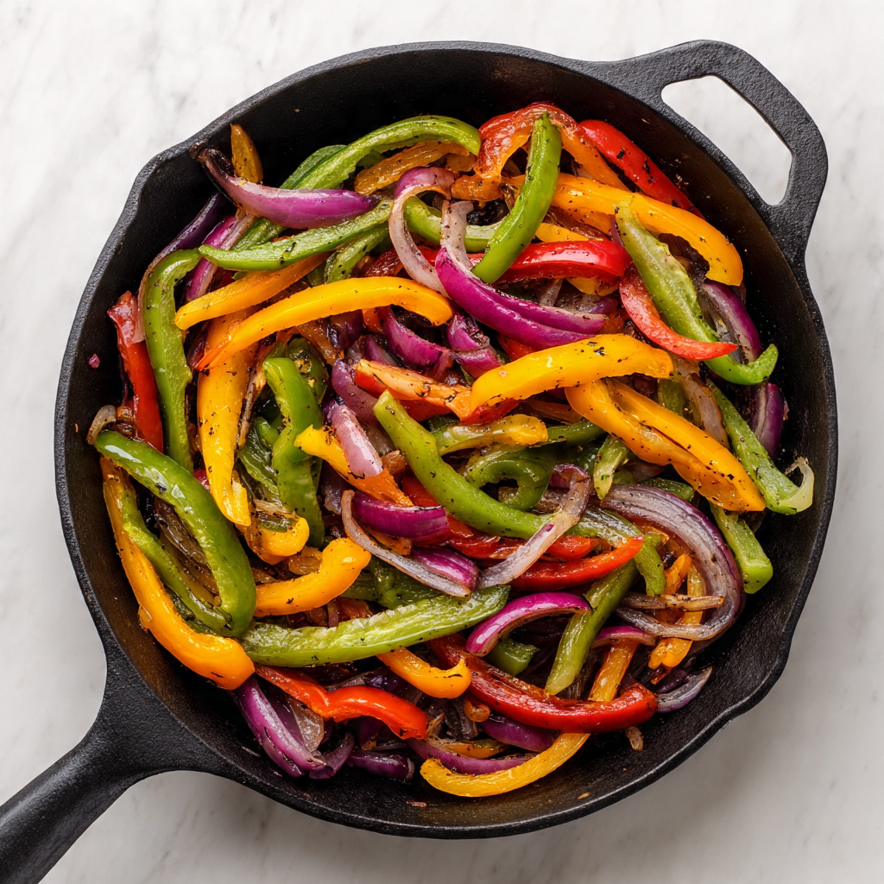 A black cast iron pan filled with a single layer of cooked bell pepper strips and sliced red onions. The bell peppers are in green, yellow, and red colors, all slightly shiny with a soft texture. The red onions are thinly sliced and scattered among the peppers, adding light purple accents. The pan is placed on a white marbled surface, with the handle extending to the left side. The vegetables look lightly cooked with some char marks but are still vibrant. photo taken with an iphone --ar 4:5 --v 7