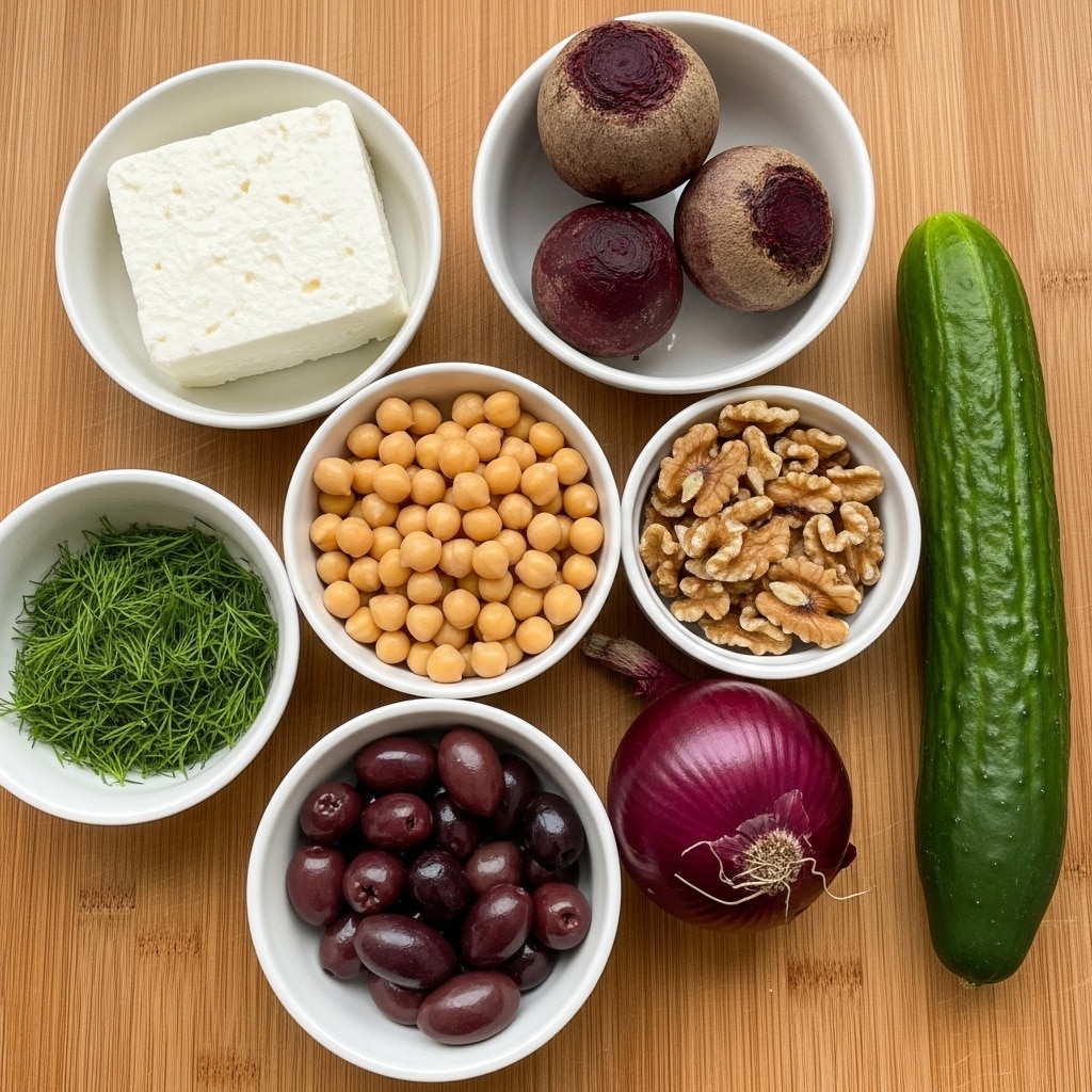 A round wooden cutting board with a white stripe across the middle holds several fresh ingredients. On the left side are thin red and white radish slices stacked neatly next to a whole small radish. To the right, a pile of bright green herb leaves sits beside a group of round cucumber slices with dark green edges and pale centers, all overlapping slightly. In the bottom center of the board, a grey bowl contains a thick beige spread with green flecks, and a spoon is resting inside it. A small knife with a black handle lies to the right of the board. Around the board, on a white marbled surface, there is a long golden-brown baguette on the right, a pair of small white bowls filled with cut olives and green beans above, and a striped blue and white cloth draped in the lower left corner. photo taken with an iphone --ar 4:5 --v 7