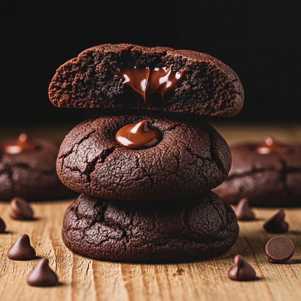 The image shows a stack of three dark chocolate cookies on a wooden surface, each cookie rich and textured with slightly cracked tops. The middle cookie is whole with a single melted chocolate chip in the center, while the top cookie is broken in half, revealing a soft, melted chocolate inside that looks creamy and smooth, contrasting with the firm outer texture. There are extra chocolate chips scattered around the cookies. The background is deep black, which makes the dark cookies stand out strongly, and the surface beneath them is wooden, showing natural grain and knots. photo taken with an iphone --ar 4:5 --v 7
