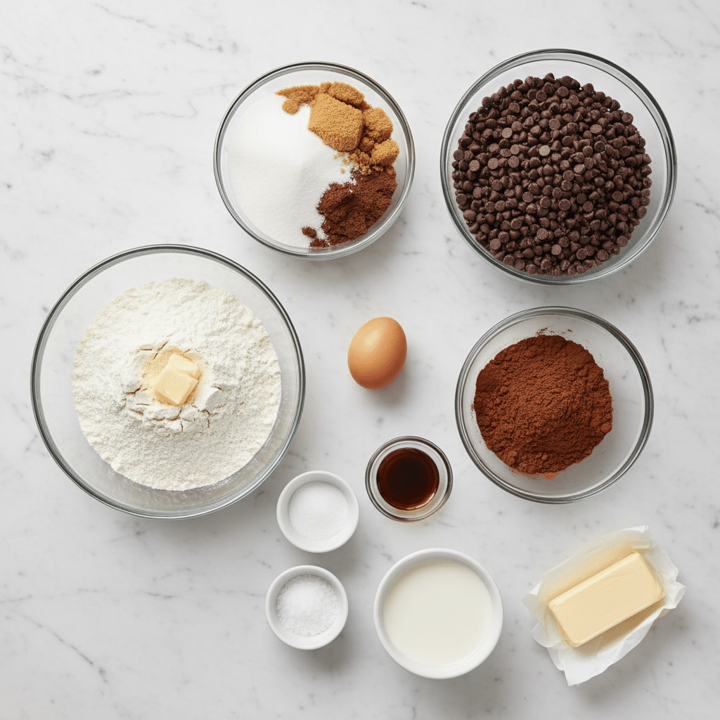 The image shows several clear glass bowls and small white bowls arranged on a white marbled surface. There are nine separate items: one bowl filled with white flour topped by small clumps, another with light and dark brown mixed sugars alongside white sugar, a bowl full of dark unsweetened cocoa powder with a rough texture, and a large bowl filled with dark chocolate chips. There are also smaller bowls containing white baking soda and salt. A small clear ramekin holds amber-colored vanilla extract, while a white bowl contains milk. Next to these is a stick of pale yellow butter and a brown egg placed on the surface. Each ingredient is neatly labeled with bold black text on white rectangles. The lighting clearly highlights the different colors and textures of the ingredients. photo taken with an iphone --ar 4:5 --v 7