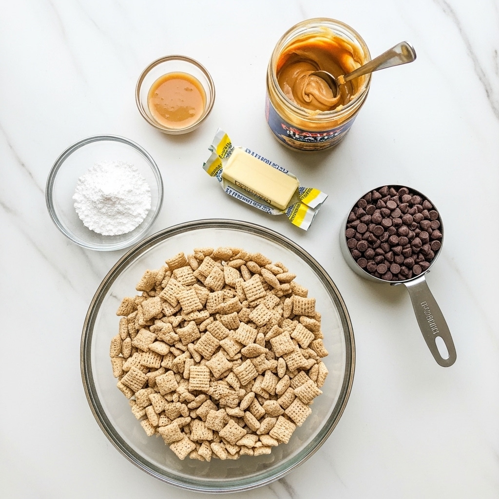 The image shows six ingredients on a white marbled surface. At the bottom center, there is a large clear glass bowl filled with small square cereal pieces that are light brown and textured. To the top left of the cereal bowl, there is a smaller clear glass bowl with a white powder, likely powdered sugar. Above this, a tiny clear glass bowl holds a small amount of light brown liquid. To the right of the small bowl, there is an open jar of creamy peanut butter with a spoon inside, showing its smooth texture and light brown color. Below the jar, a small stick of butter wrapped in white and yellow paper lies on the surface. To the right, a silver metal measuring cup filled with dark brown chocolate chips rests with its handle pointing outwards. Photo taken with an iphone --ar 4:5 --v 7