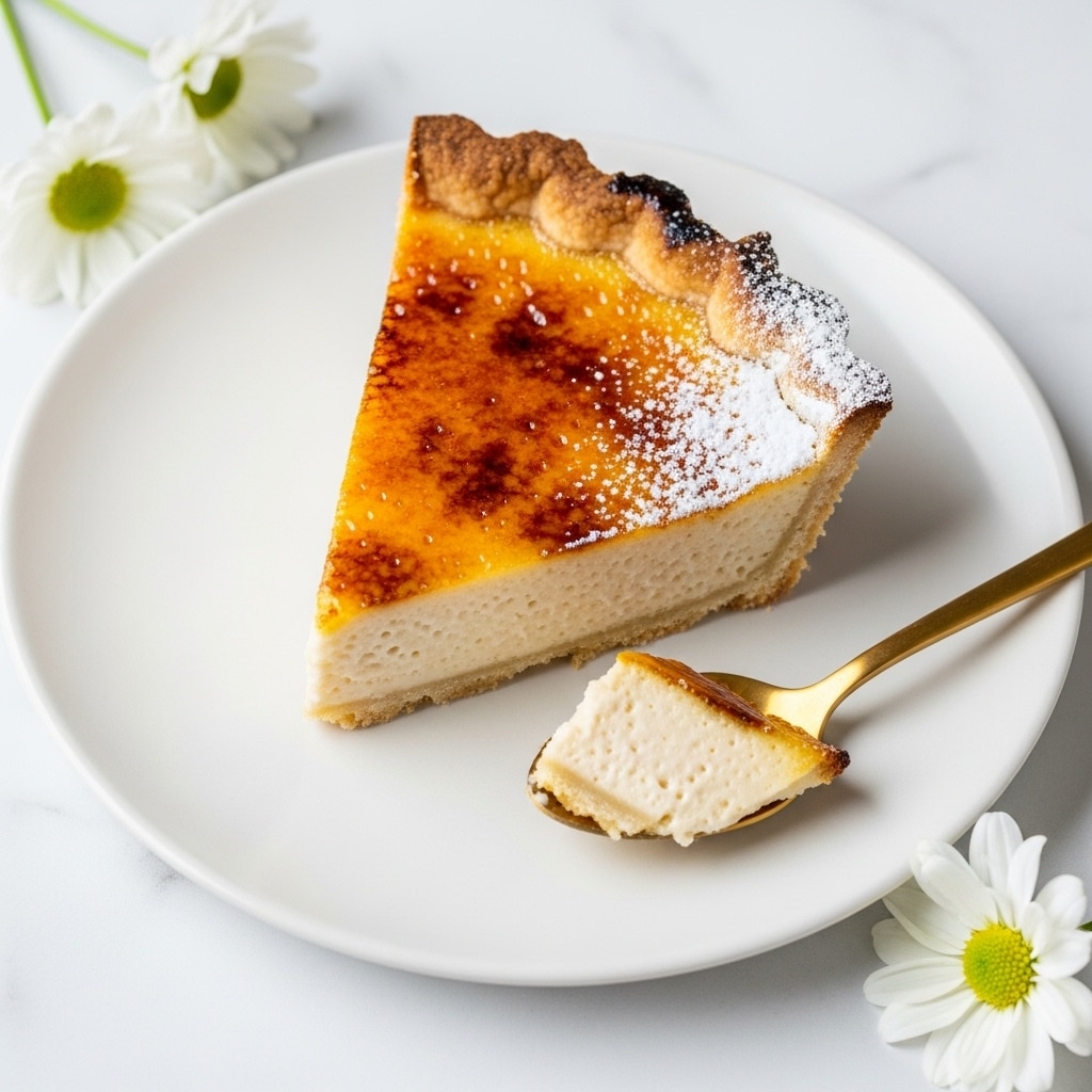 A single slice of pie sits on a white plate with a soft, smooth filling that is light beige in color. The top layer has a golden brown, slightly cracked crust with a shiny finish and a dusting of powdered sugar on one edge. The crust around the edge is thicker and toasted with darker spots. Next to the slice, a gold spoon rests on the plate, holding a small piece of the same pie, showing the creamy filling inside. White flowers are placed near the plate, all set on a white marbled surface. Photo taken with an iphone --ar 4:5 --v 7