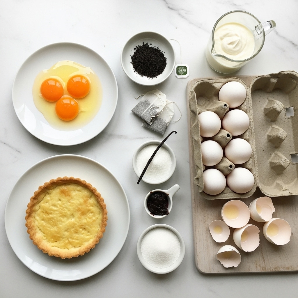 The image shows ingredients for making a tart arranged neatly on a white marbled surface. There is a white plate with a golden sweet shortcrust pastry tart base at the bottom left, next to a small white bowl filled with white sugar. Above that, a round white plate holds three bright orange egg yolks. To the right, an open carton contains several white eggs along with some scattered empty egg shells on a light wooden board. There is a small dish with dark ground earl grey tea leaves and two tea bags near it. A clear glass container filled with cream is positioned at the top right. A small white bowl has white sugar for topping, and next to it is a tiny cup of dark vanilla bean paste. Photo taken with an iphone --ar 4:5 --v 7