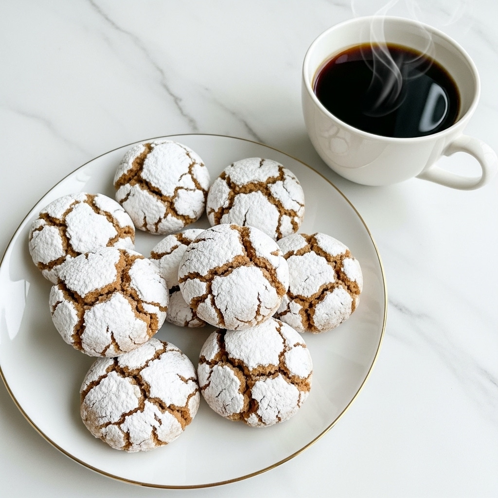 A white plate with a gold rim holds seven round cookies on a white marbled surface. The cookies are light brown with a cracked texture on top, covered in a thick layer of white powdered sugar that fills the cracks, showing the brown dough beneath. Next to the plate is a white cup filled with black coffee, steam rising in soft curls from the hot liquid. The whole scene is bright and simple, with the white marbled surface adding a clean, elegant background. photo taken with an iphone --ar 4:5 --v 7