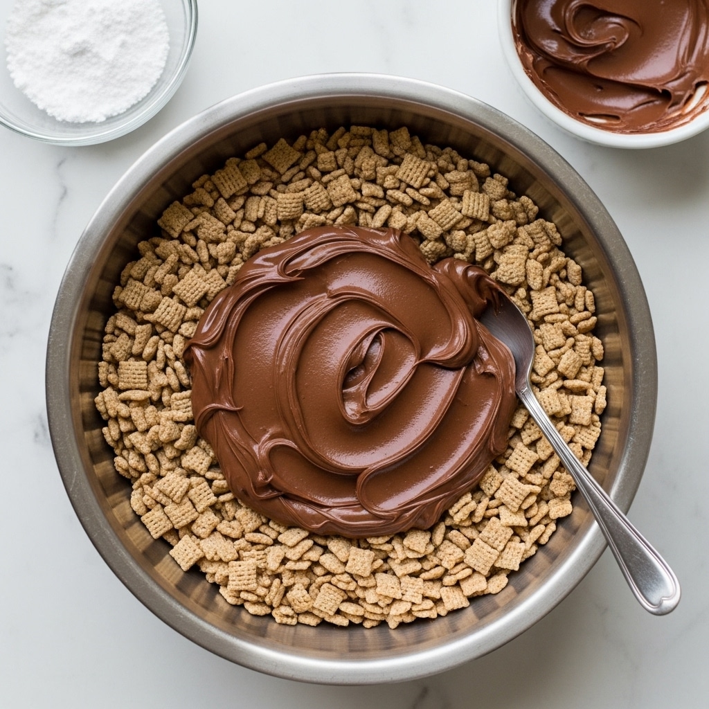 A top view of a large metal bowl holding two layers: the bottom is pale tan shredded wheat cereal, and the top is a thick, shiny, dark brown chocolate spread smeared gently over the cereal. A silver spoon rests inside the bowl on the right, partially covered by the chocolate. Around this bowl, on a white marbled surface, there is a clear glass bowl with white powdered sugar at the top left and a white bowl with more chocolate spread at the top right, with some chocolate smeared along the edge. photo taken with an iphone --ar 4:5 --v 7
