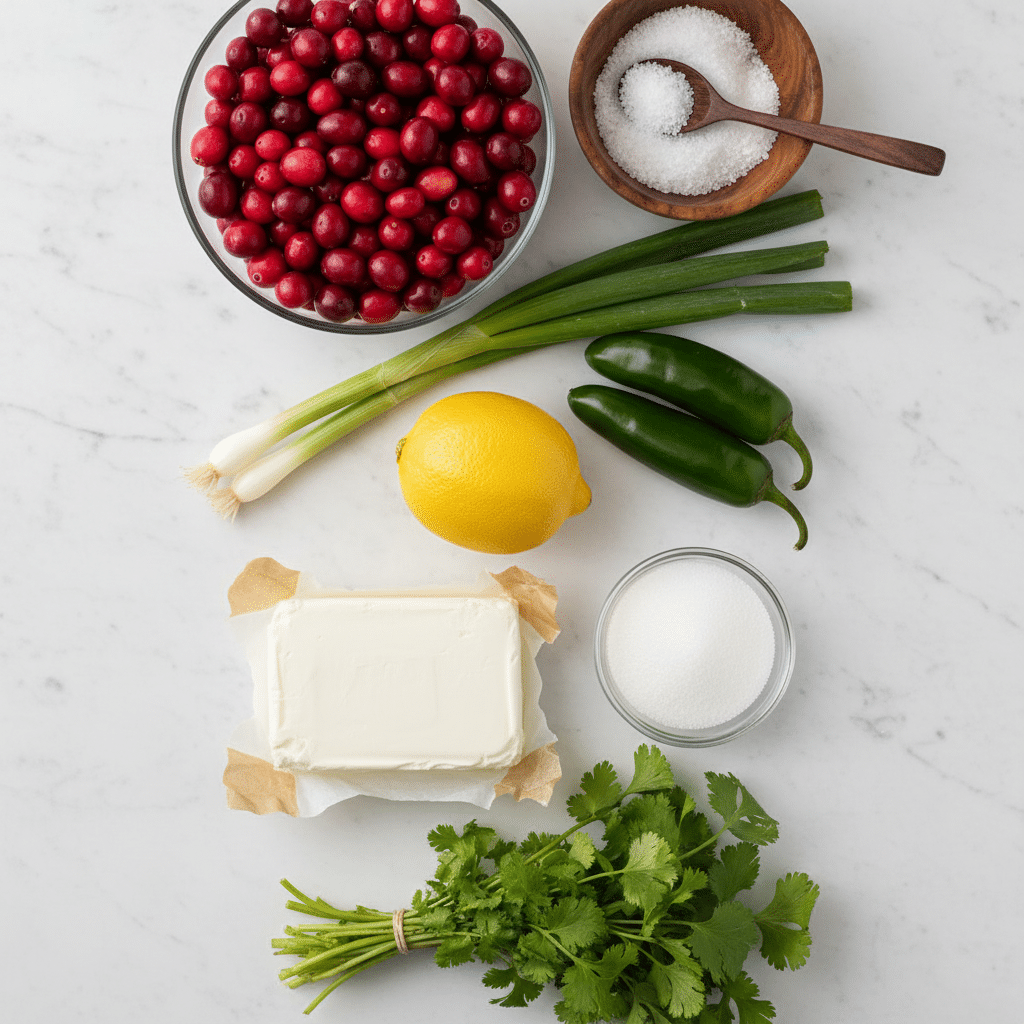 A top-down view of various fresh ingredients arranged neatly on a white marbled surface. On the top left, a clear glass bowl is filled with bright red cranberries, showing many round, shiny berries tightly packed together. To the right, a wooden bowl full of coarse white salt has a dark wooden spoon resting inside, angled with the handle pointing down. Below the salt, a cluster of green onions is arranged diagonally with white bulbs at the bottom and long green stalks extending up. Two dark green jalapeños lie side by side next to the onions. In the center, a whole bright yellow lemon adds a pop of color. Below the lemon, a block of smooth white cream cheese rests on a piece of light brown parchment paper. Next to the cream cheese, a small glass bowl is filled with white granulated sugar. At the bottom, a bunch of fresh green cilantro leaves spreads out, adding a leafy texture. Each ingredient is labeled clearly in bold black text above or beside it. Photo taken with an iphone --ar 4:5 --v 7