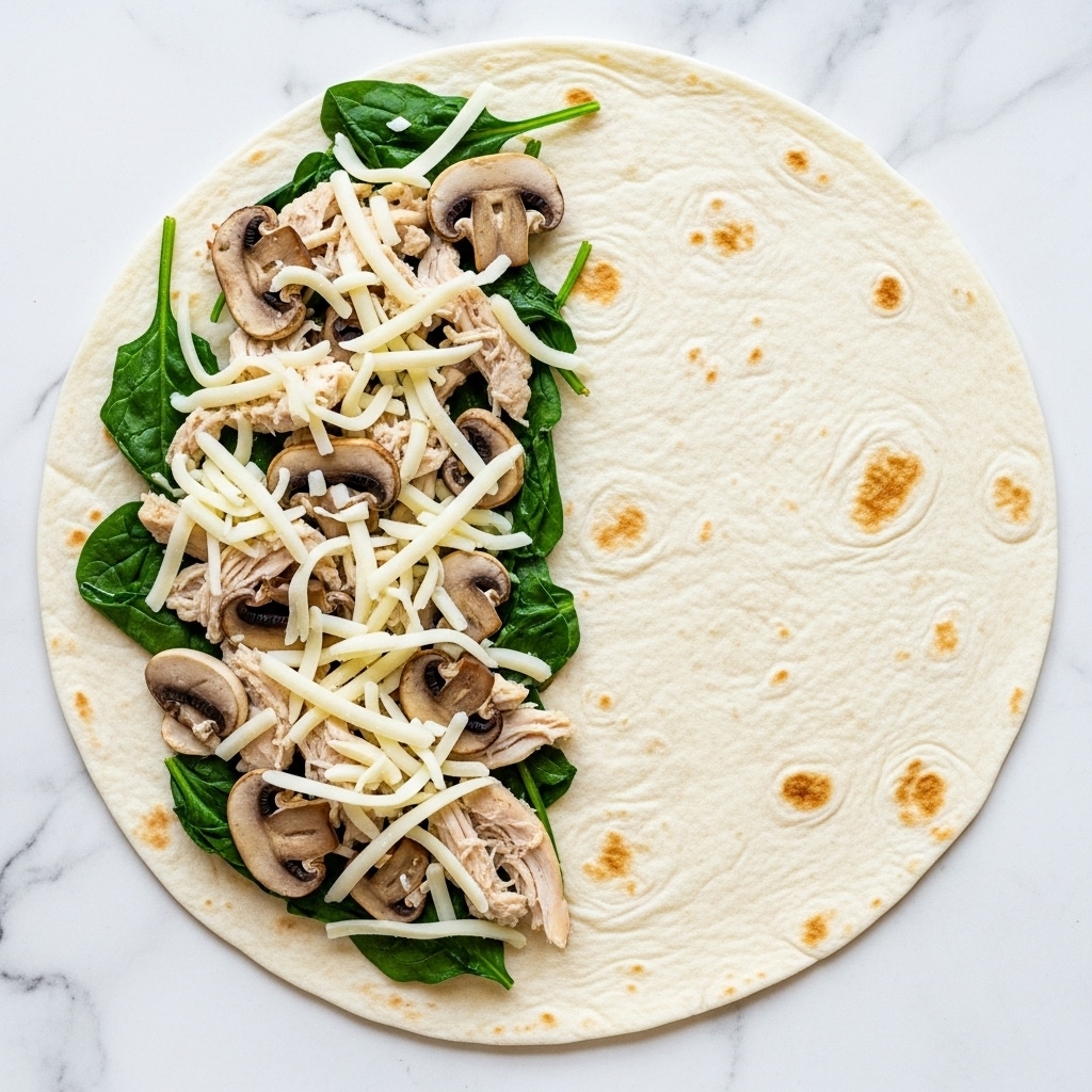 A white tortilla is placed flat on a white marbled surface, with the left half topped richly and the right half plain. The topped side has a layer of shredded white cheese that melts into cooked spinach, light brown mushroom slices, and pieces of shredded chicken. The colors mix green from the spinach, creamy white from the cheese, beige from the chicken, and earthy brown from the mushrooms, creating a textured and hearty look. The plain right side of the tortilla has light brown spots from cooking. photo taken with an iphone --ar 4:5 --v 7