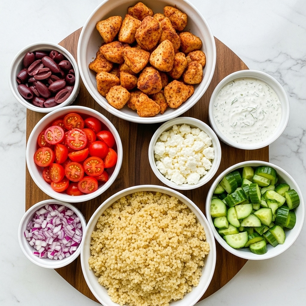 The image shows seven white bowls arranged on a wooden surface. At the top center is a large bowl filled with golden brown cooked chicken pieces with a slightly crispy texture. To the left in a smaller bowl are dark purple sliced olives, and below it is a bowl filled with bright red halved cherry tomatoes. Below the tomatoes is a bowl with small, finely chopped red onions. In the bottom center is a large bowl filled with fluffy, light yellow cooked quinoa. To the right of the quinoa is a bowl of fresh green cucumber chunks with a shiny skin. Above the cucumber is a small bowl of white crumbled cheese, and to its right is a bowl of creamy white sauce with visible green herb bits. The whole setup is on a white marbled surface. photo taken with an iphone --ar 4:5 --v 7