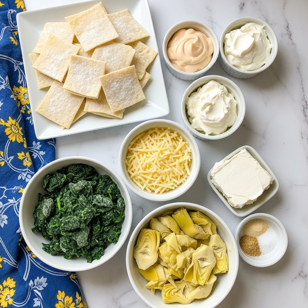 The image shows several white bowls and a white plate arranged on a white marbled surface. The top left section has a white square plate stacked with many square wonton wrappers in a pale beige color, slightly dusted with flour. To the right, there is a small white bowl filled with smooth, creamy light beige mayo, and below it another white bowl holding thick, white sour cream with a slightly uneven texture. Below these, a small white bowl contains a block of smooth, white cream cheese. On the lower left, a white bowl is filled with dark green frozen spinach that looks slightly wet and leafy. In the center, a white bowl holds shredded Parmesan cheese in pale yellow strands. Below that, a bigger white bowl contains pale yellow, sliced artichoke hearts with a soft, slightly wet look. Finally, a small white cup at the bottom right corner contains a divided mix of light golden garlic powder and white salt. A blue cloth with a yellow floral pattern lies on the left edge. Photo taken with an iphone --ar 4:5 --v 7