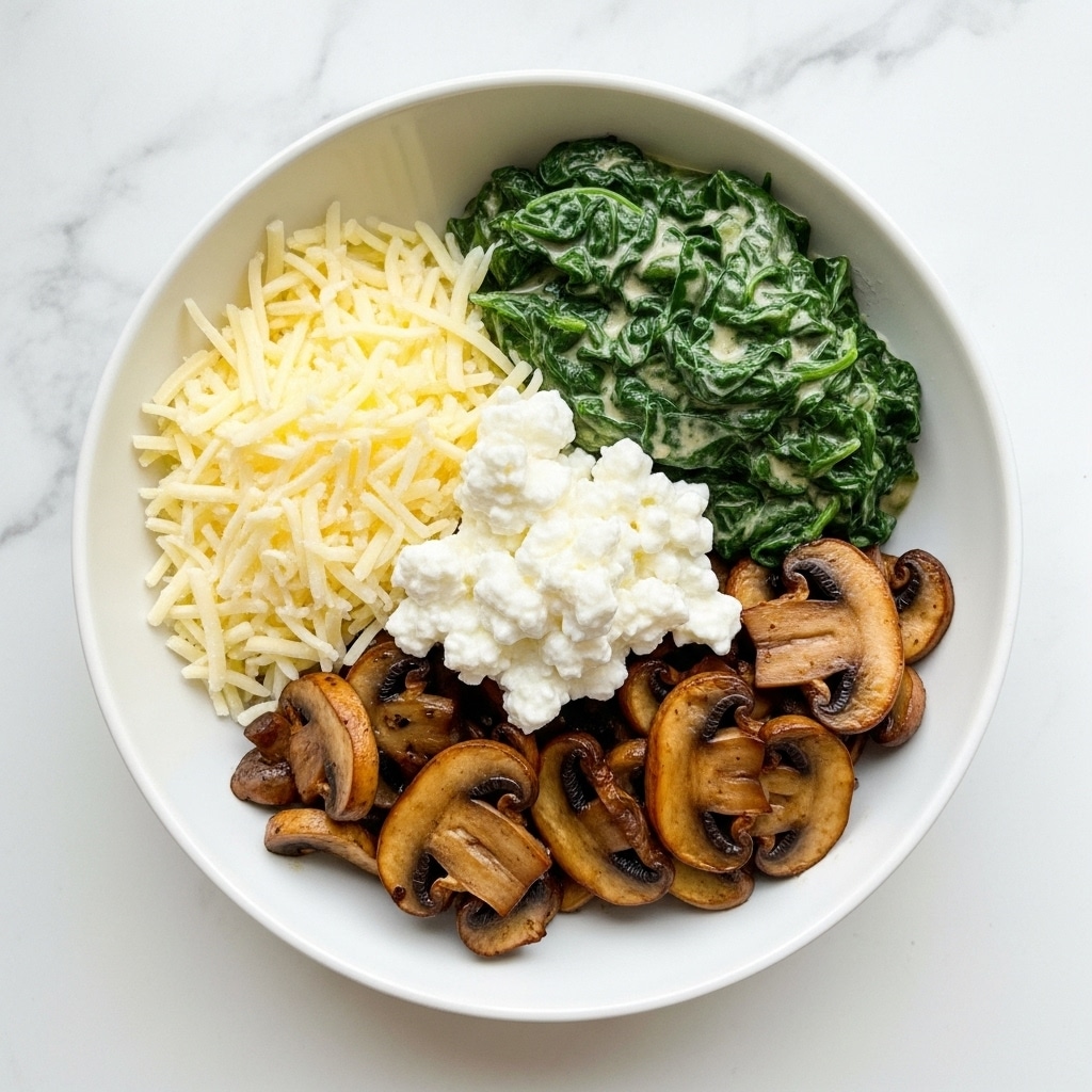 A white bowl sits on a white marbled surface, filled with four main layers of food arranged separately in sections. On the left side, there is a pile of finely shredded pale yellow cheese with soft texture. Next to it on the top right, there is a creamy sautéed spinach layer, dark green and slightly shiny with a thick sauce. Below the spinach, a heap of cooked sliced mushrooms with a rich brown color and glossy look fills the bottom right section. In the center of the bowl, on top of the other foods, there is a dollop of white cottage cheese with a soft and slightly lumpy texture. photo taken with an iphone --ar 4:5 --v 7
