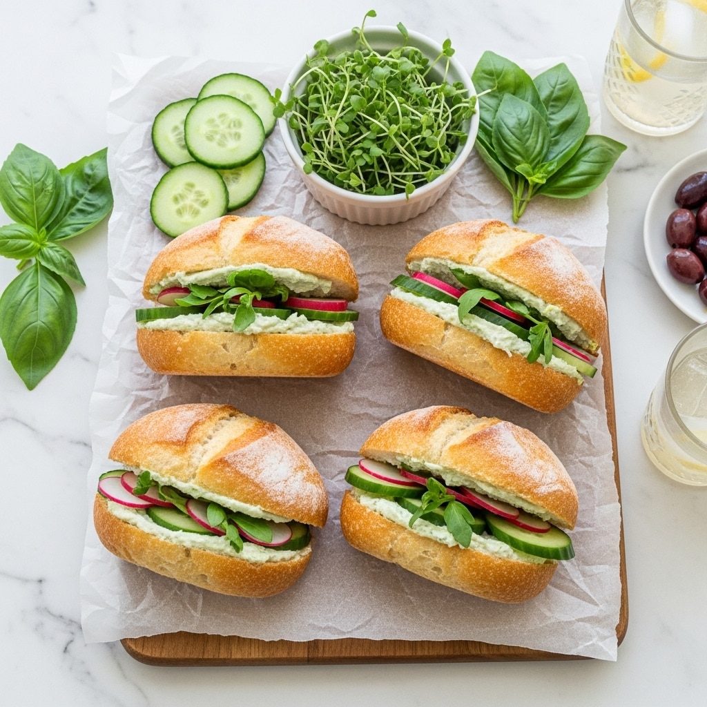 Two long open-faced sandwiches on white baguette bread rest on a white marbled surface. The sandwich on the left has a base layer of creamy hummus spread with scattered green beans, topped with black olive halves and thin rings of purple onion. The sandwich on the right is layered with thin slices of cucumber and radish, arranged alternately, and decorated with fresh green basil leaves. To the right, a striped blue and white cloth partially covers a small white bowl filled with green beans. On the left, a wooden board holds slices of cucumber and fresh basil leaves with a small white plate of black olives. Photo taken with an iphone --ar 4:5 --v 7