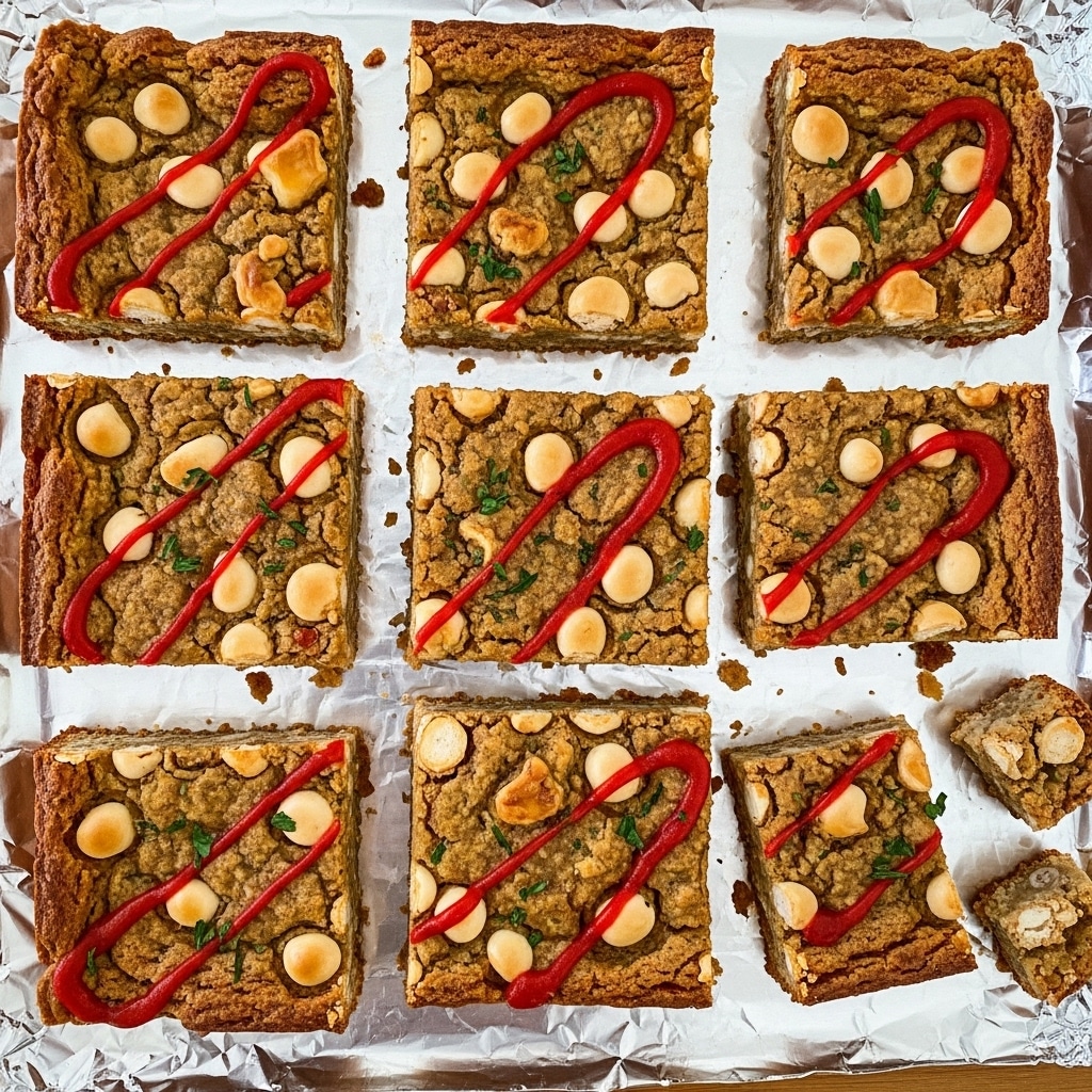 The image shows several rectangular pieces of a baked dish placed on shiny aluminum foil on a wooden surface. Each piece has a rough texture with a golden-brown base color, scattered white round chunks that look like nuts or cheese, bright red streaks of sauce or topping, and small green herbs sprinkled throughout. The pieces are arranged closely but not touching, with some smaller broken parts lying around the edges. The foil reflects light in a crinkled texture, contrasting with the warm, colorful tones of the dish. Photo taken with an iphone --ar 4:5 --v 7