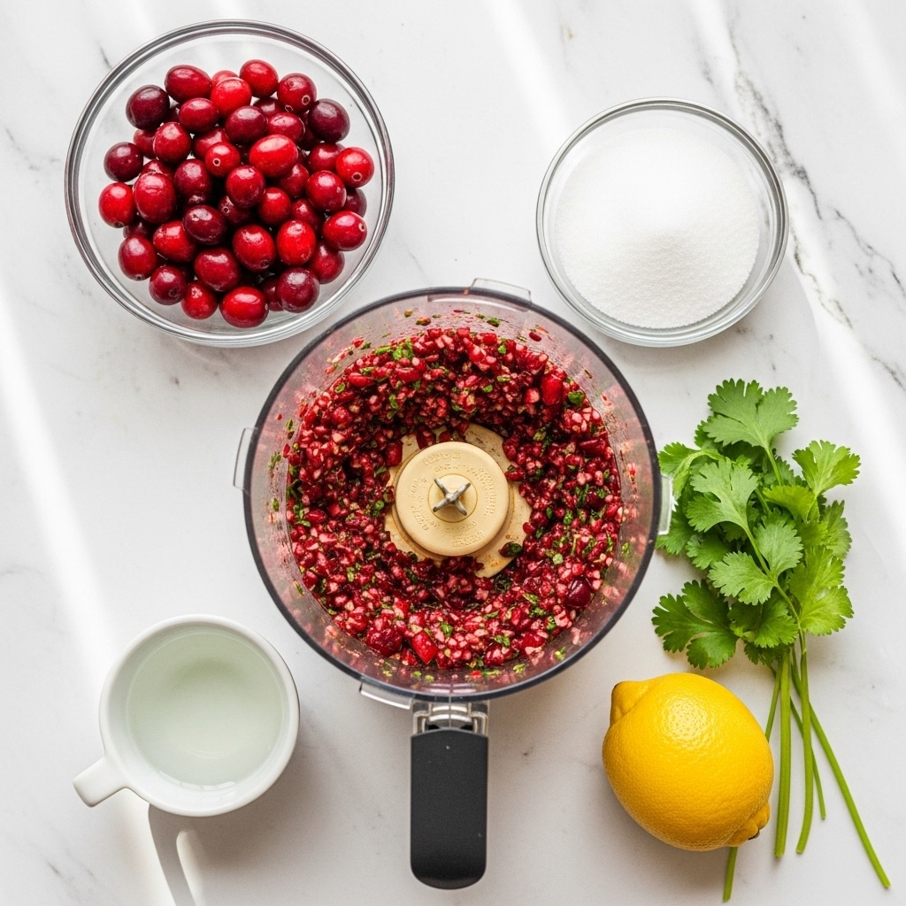 A top view of a clear food processor bowl filled with a coarse red mixture made of chopped cranberries and green herbs, showing a wet and textured appearance. Above it, a clear bowl with whole fresh cranberries in deep red color, with shiny smooth skin. To the right, a smaller clear bowl containing white granulated sugar. Below to the left, a small white cup with a clear liquid, likely water. To the far right, fresh green coriander leaves and a whole yellow lemon sit on a white marbled surface with soft vertical lines. photo taken with an iphone --ar 4:5 --v 7