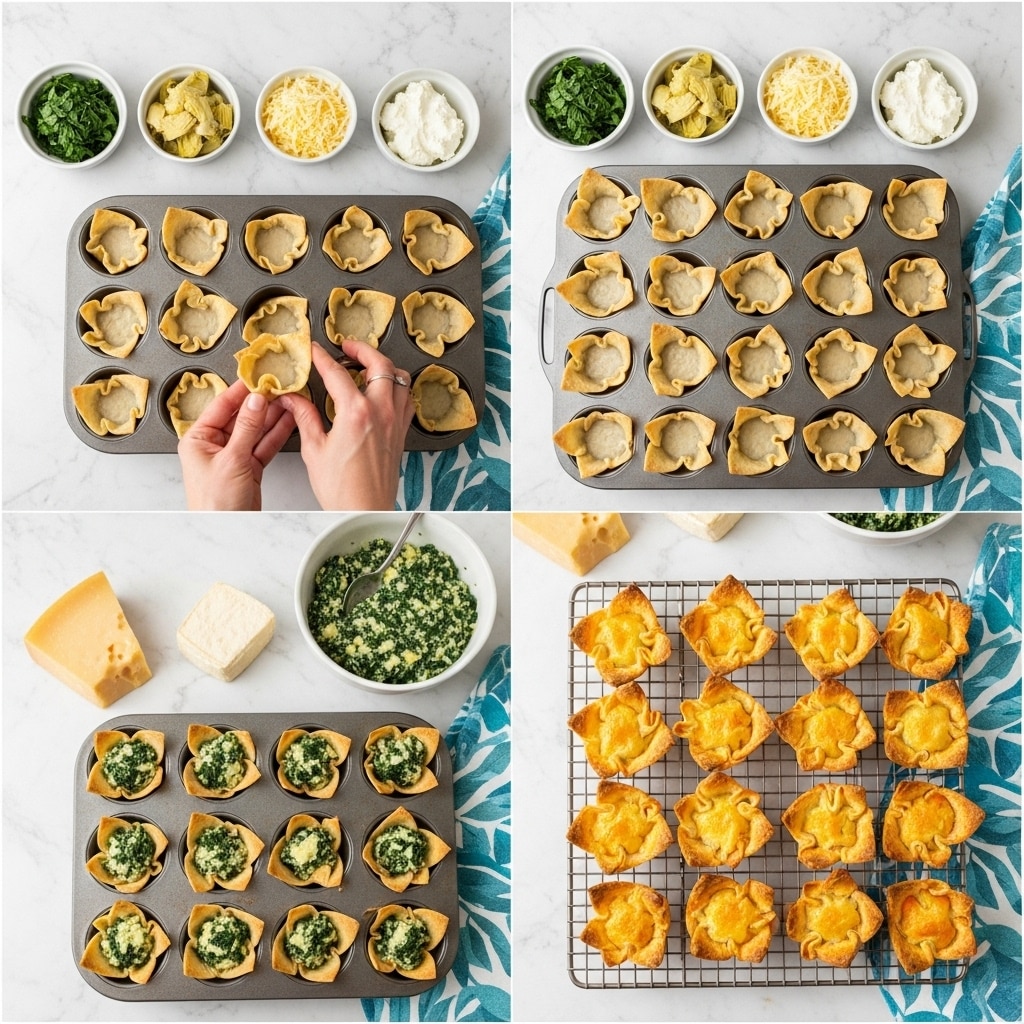 The image shows four steps of making baked wontons arranged in a grid on a white marbled surface. The first step has a muffin tin with 12 open wonton wrappers molded into cups, held by a woman's hand pressing on one cup, with small white bowls of chopped spinach, artichoke hearts, shredded cheese, and cream cheese above. The second step shows all 24 muffin cups lined with wonton wrappers, empty and ready to be filled, with the same small bowls of ingredients above. The third step shows the muffin tin filled with the cooked spinach, artichoke, and cheese mixture inside the golden-baked wonton cups, with a wedge of hard cheese on the left and a bowl of the filling behind the muffin tin. The final step displays the baked wonton cups transferred onto a cooling rack, showing their crisp golden edges and puffed shapes. A wedge of hard cheese and a blue cloth with leaf patterns are also visible in some shots. photo taken with an iphone --ar 4:5 --v 7