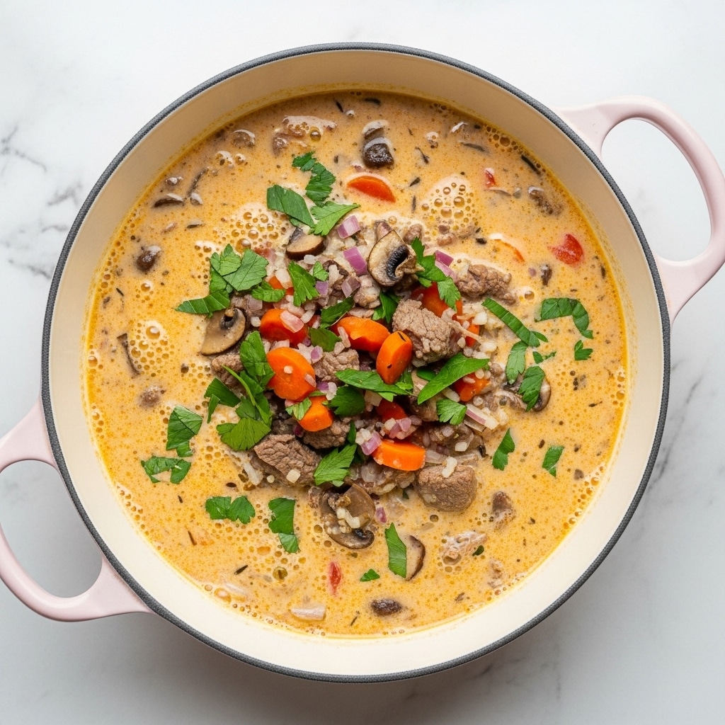 A white bowl filled with creamy soup that has an orange hue. Inside, there are pieces of shredded white chicken, light brown sautéed mushroom slices, small orange vegetable cubes, and green chopped herbs sprinkled on top. The soup looks rich and slightly frothy with scattered black pepper flakes. A silver spoon rests inside the bowl, and the bowl is placed on a white marbled surface. Photo taken with an iphone --ar 4:5 --v 7