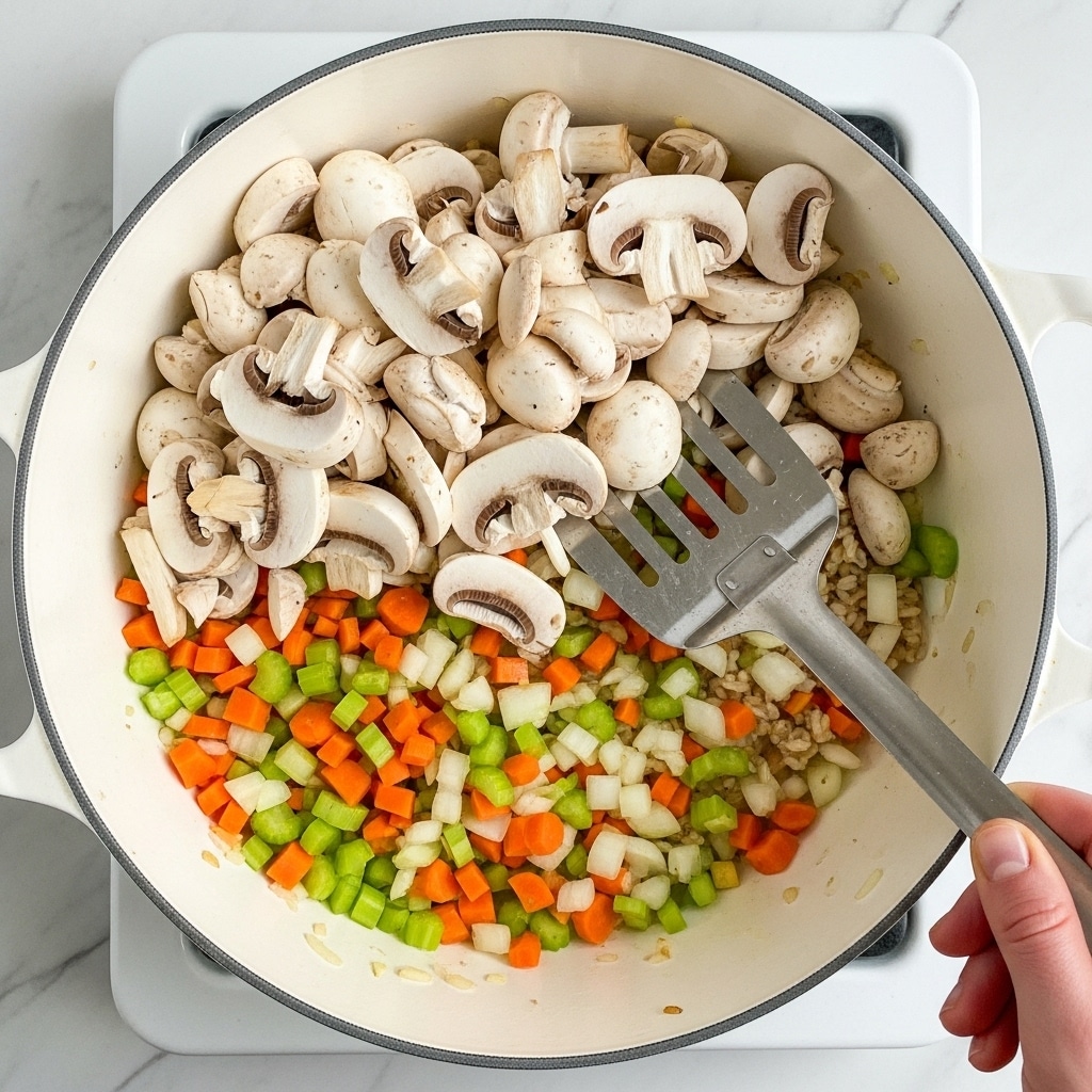A white pot filled with a mix of chopped vegetables and sliced mushrooms is shown from above. At the bottom left, there is a layer of small diced orange carrots, light green celery, and translucent onions with a slight shine from cooking. On top of this vegetable mix, there is a generous layer of fresh, white sliced mushrooms with light brown details on the gills and stems. A metal spatula with a square head is resting diagonally inside the pot, partially covered by the mushrooms. The pot is placed on a white marbled stove surface, and a woman's hand holds it from below. photo taken with an iphone --ar 4:5 --v 7