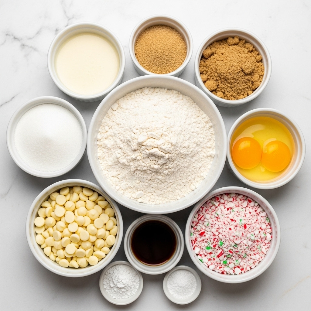 The image shows nine white bowls arranged on a white marbled textured surface, all filled with baking ingredients. In the center is the largest bowl, filled with white flour piled up in loose texture. Surrounding it are smaller bowls: at the top left, a bowl with a creamy off-white liquid; top right, a bowl with light brown sugar in crumbly form; middle left, a bowl filled with white granulated sugar; middle right, a bowl containing two cracked raw eggs with bright yellow yolks; just below the flour bowl in the middle, a small bowl with dark brown vanilla extract; bottom left, a bowl full of white chocolate chips, smooth and round; bottom right, a bowl filled with crushed candy canes, showing white base with red and green bits; and two tiny bowls with white powders placed near the flour bowl. The bowls are neatly arranged to showcase all ingredients clearly, photo taken with an iphone --ar 4:5 --v 7
