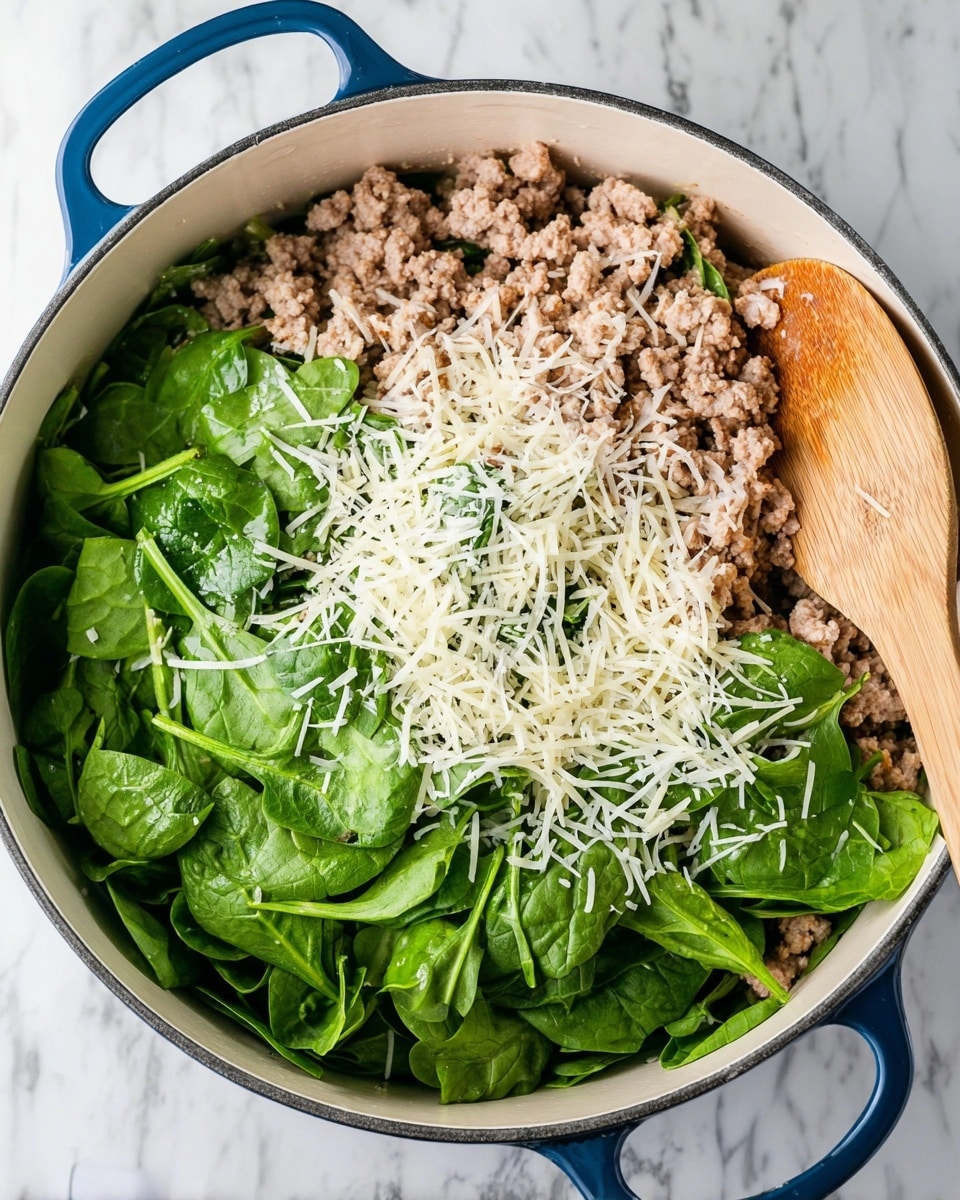 A white pot with a blue handle holds a dish with two main layers. The bottom layer is fresh green spinach leaves spread evenly inside the pot. On top of the spinach, there is cooked ground meat, light brown in color, piled mainly on one side. Over the meat and spinach, there is a sprinkle of white shredded cheese, scattered unevenly. A wooden spoon rests inside the pot, partly touching the meat and spinach. The pot is placed on a white marbled surface. photo taken with an iphone --ar 4:5 --v 7
