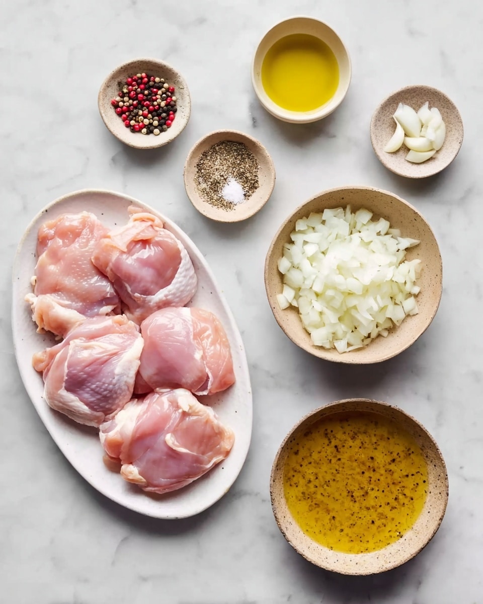 The image shows six different small bowls and a plate with raw chicken thighs arranged on a white marbled surface. Starting from the bottom left, an oval white plate holds several raw pink chicken thighs with smooth texture and some visible fat at the edges. Above that, there are three small bowls in a horizontal row: the first contains red and black peppercorns, the second has coarse white salt, and the third holds a yellow liquid which looks like olive oil. To the right of these, there is a round bowl filled with chopped white onions, and next to it, a round bowl with a thick yellow sauce speckled with black pepper. At the top right, a small bowl contains small white chopped pieces, possibly garlic. The overall light and clean setup emphasize the fresh ingredients in a simple layout. Photo taken with an iphone --ar 4:5 --v 7