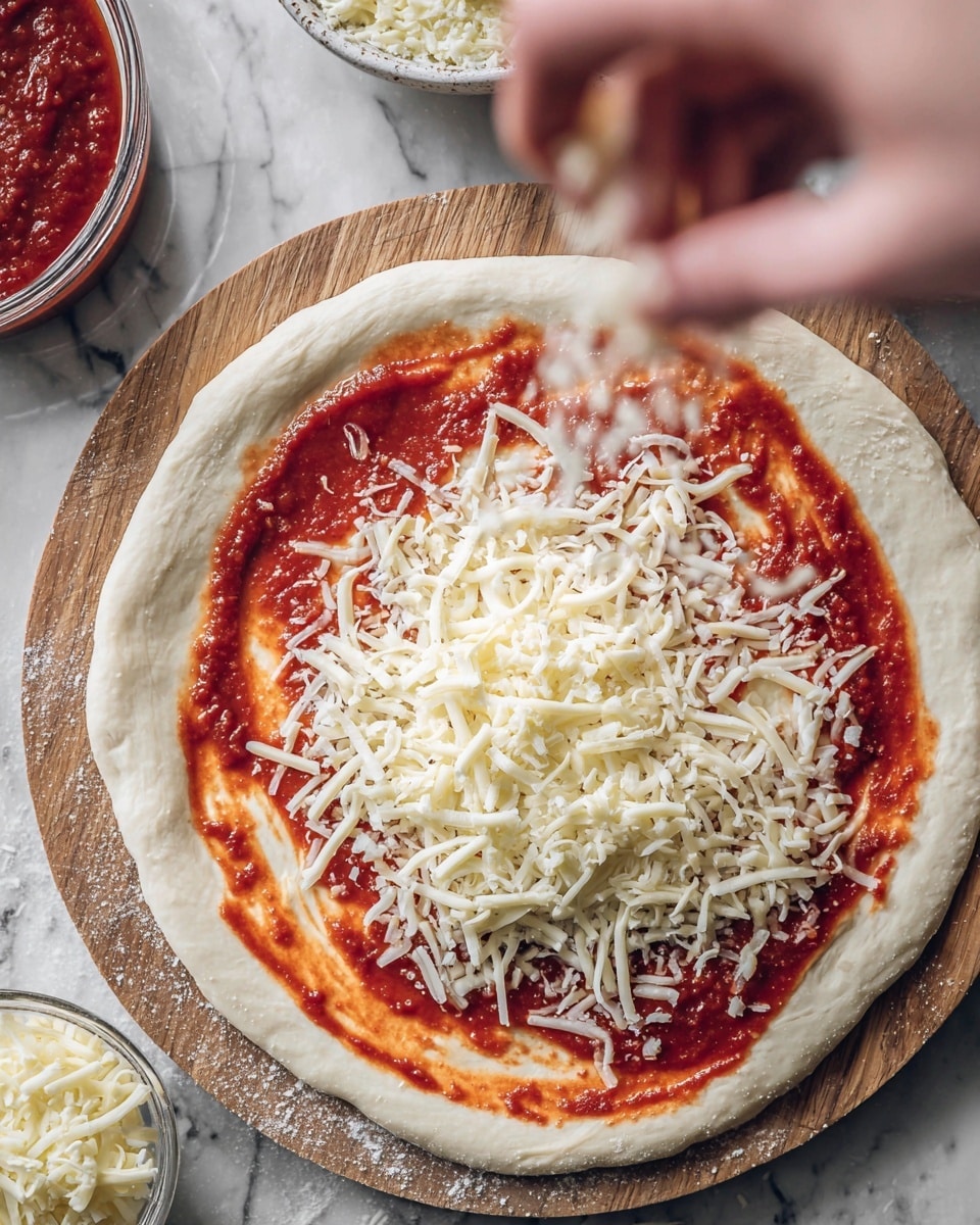 A round pizza dough base sits on a wooden board on a white marbled surface, topped with a layer of red tomato sauce spread evenly but leaving a white dough border around the edge. A pile of shredded white cheese is concentrated in the center of the sauce layer, with more cheese being sprinkled over it by a blurry woman's hand in the top right corner. Around the board, there are small bowls, one filled with more shredded white cheese and another containing tomato sauce. Photo taken with an iphone --ar 4:5 --v 7