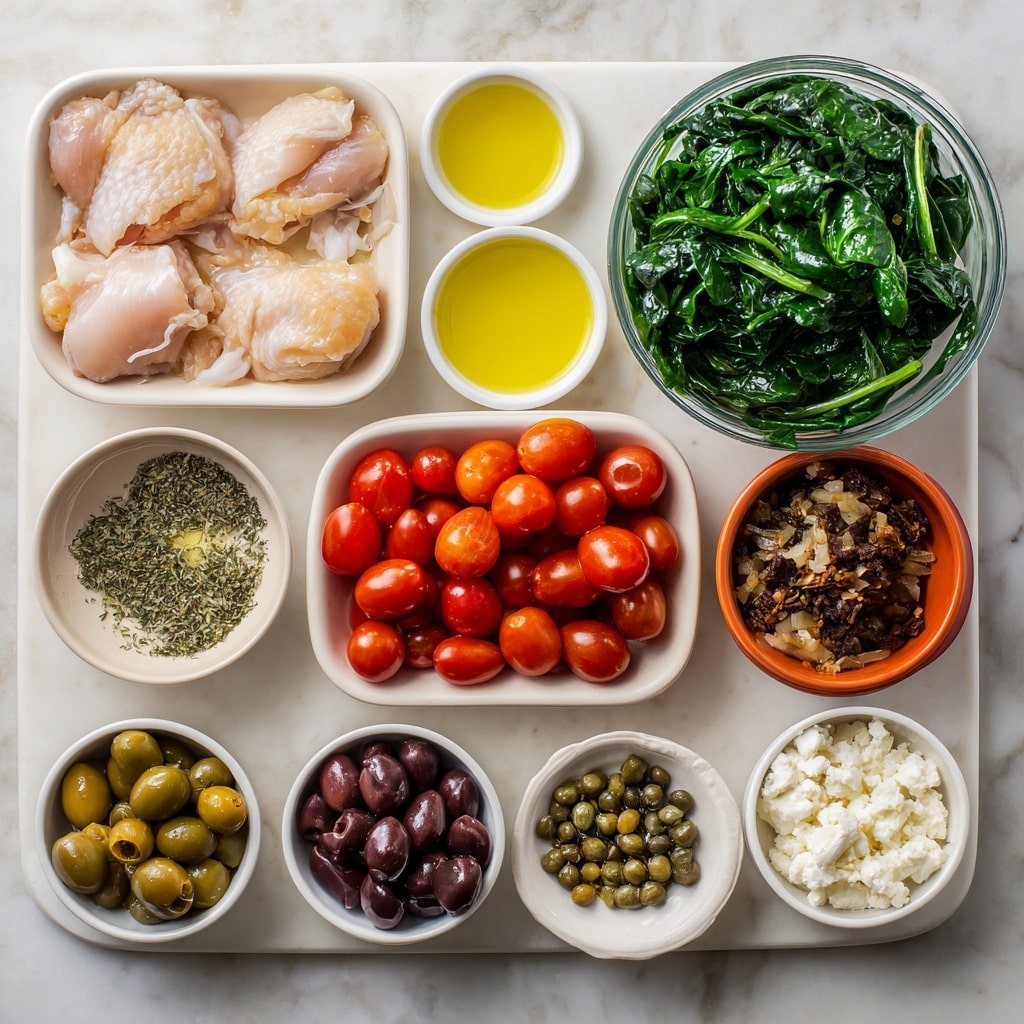 A white foam tray with a large pale pink squid tube sits on the top left on a white marbled texture. To the right, a glass measuring cup is filled with bright green spinach leaves. Below the squid, there are small white bowls with olive oil (yellow liquid), minced garlic (off-white texture), and dried herbs (green and brown mix) in an orange bowl. Next to them is a white bowl with shiny red grape tomatoes, some whole and some cut in halves. A small red bowl with dark green capers is below the garlic and herb bowls. On the bottom, two white bowls hold chopped dark brown olives and crumbled white cheese, placed on the white marbled surface. Photo taken with an iphone --ar 4:5 --v 7
