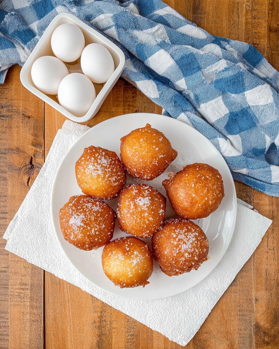 A white plate holds ten round, golden brown fried dough balls arranged in a loose circle on a white paper towel that soaks up oil. Each dough ball is sprinkled lightly with white sugar, giving a slightly grainy texture on top. Next to the plate, a white egg container holds six white eggs. To the left of the plate, a blue and white checkered cloth is casually folded. The whole scene is set on a wooden surface with warm tones and some worn marks visible. photo taken with an iphone --ar 4:5 --v 7