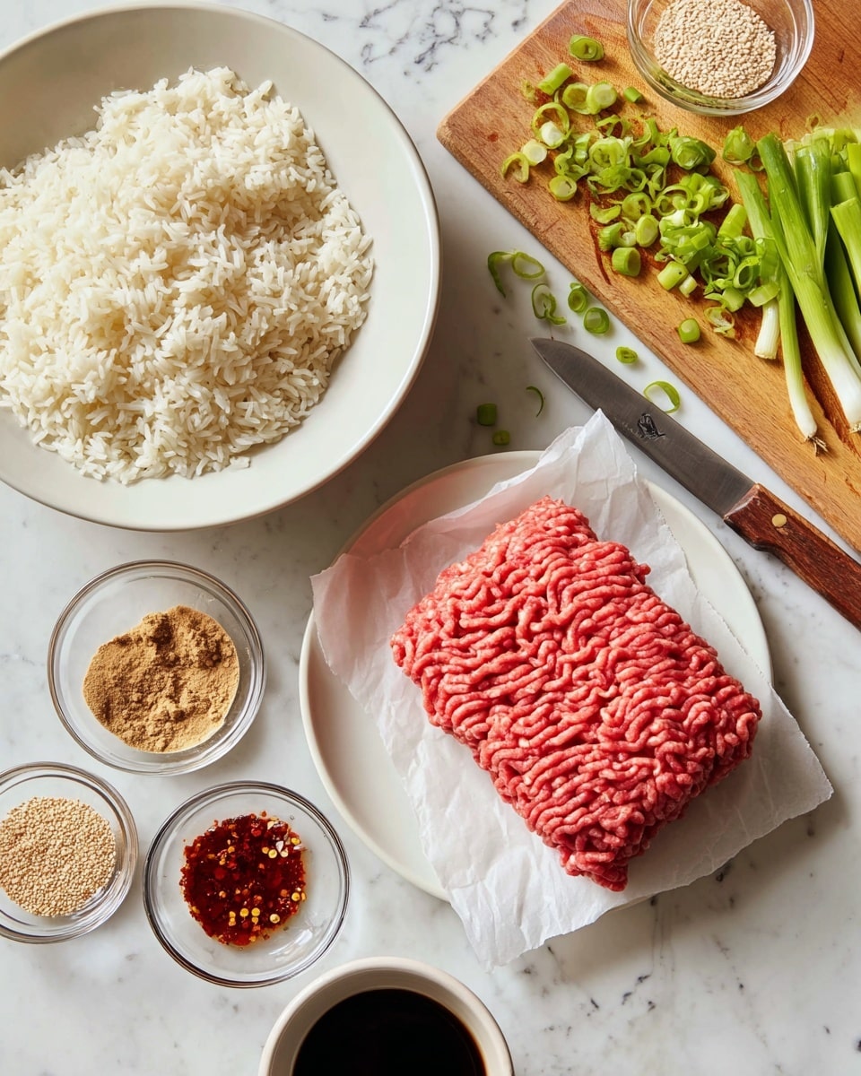 The image shows a white plate holding a rectangular block of raw ground meat with a red-pink color and a textured pattern on top, placed on white parchment paper. Nearby, a round white bowl is filled with cooked white rice, showing fluffy grains. Around them on a white marbled surface are small glass bowls containing light brown powder, sesame seeds, red chili flakes, and two dark sauces—one lighter brown, the other very dark. A light wooden cutting board holds bright green sliced scallions, scattered around a small knife with a wooden handle lying on top. photo taken with an iphone --ar 4:5 --v 7
