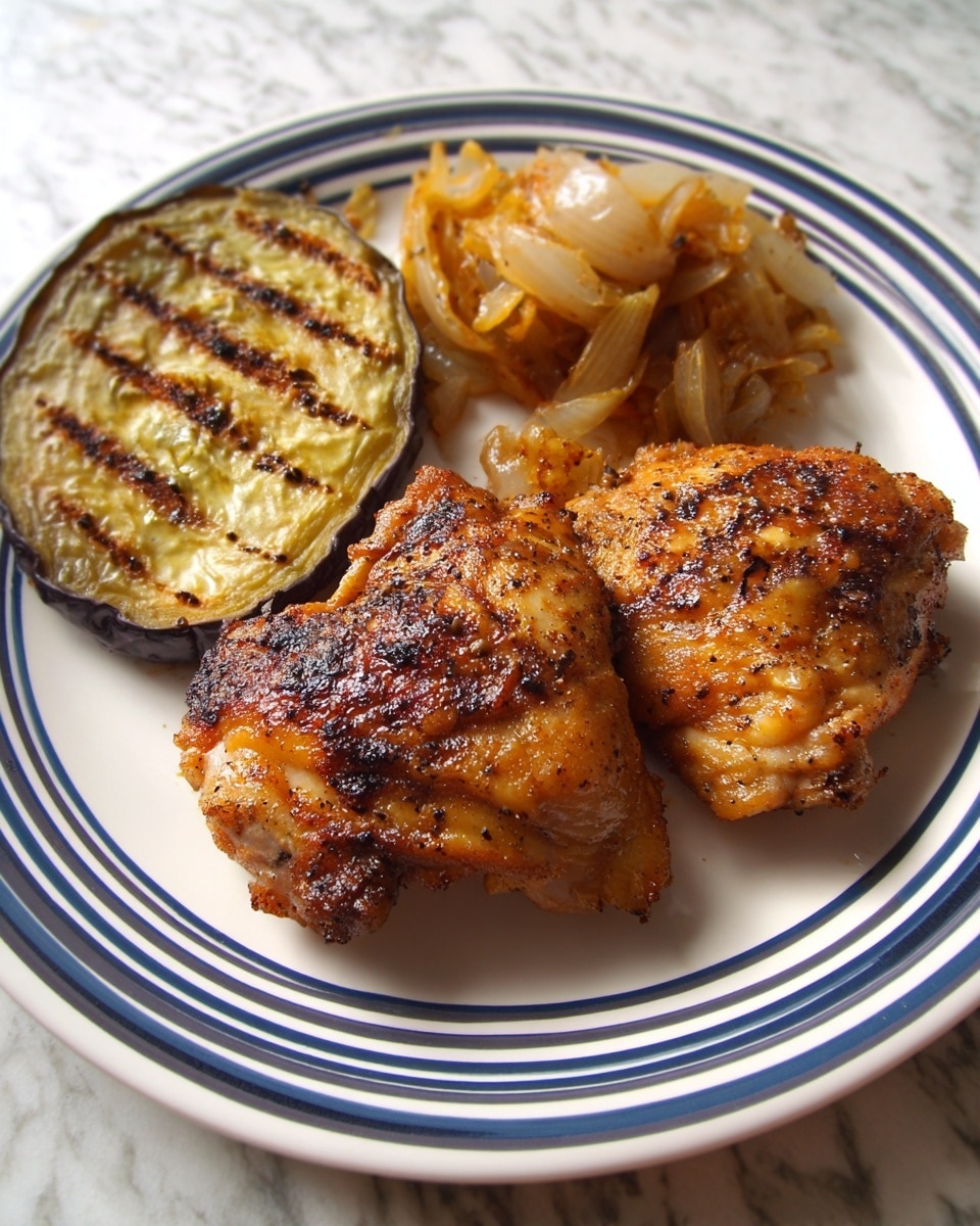 This image shows a white plate with blue and black stripes around the edge placed on a white marbled surface. On the plate, there are two pieces of cooked chicken thighs with crispy golden brown skin and grill marks. To the left, there is a sliced piece of grilled eggplant with a light brown and slightly charred surface featuring diagonal grill lines. Behind the chicken, there is a small pile of cooked onions that are soft and light yellow with some browned bits. The whole dish looks warm and savory, presented simply. Photo taken with an iphone --ar 4:5 --v 7