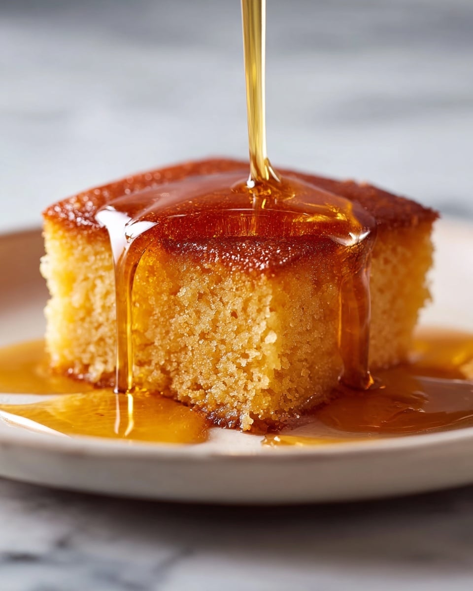 The image shows a single square piece of golden yellow cake with a moist and soft texture, placed on a white plate. The cake has two visible layers: the top layer is a smooth, slightly browned crust, and the inner layer is spongy and light yellow. Golden honey is being poured over the cake from above, flowing slowly down the sides and pooling on the plate around it, creating a shiny, thick syrupy look. The background has a white marbled texture. Photo taken with an iphone --ar 4:5 --v 7