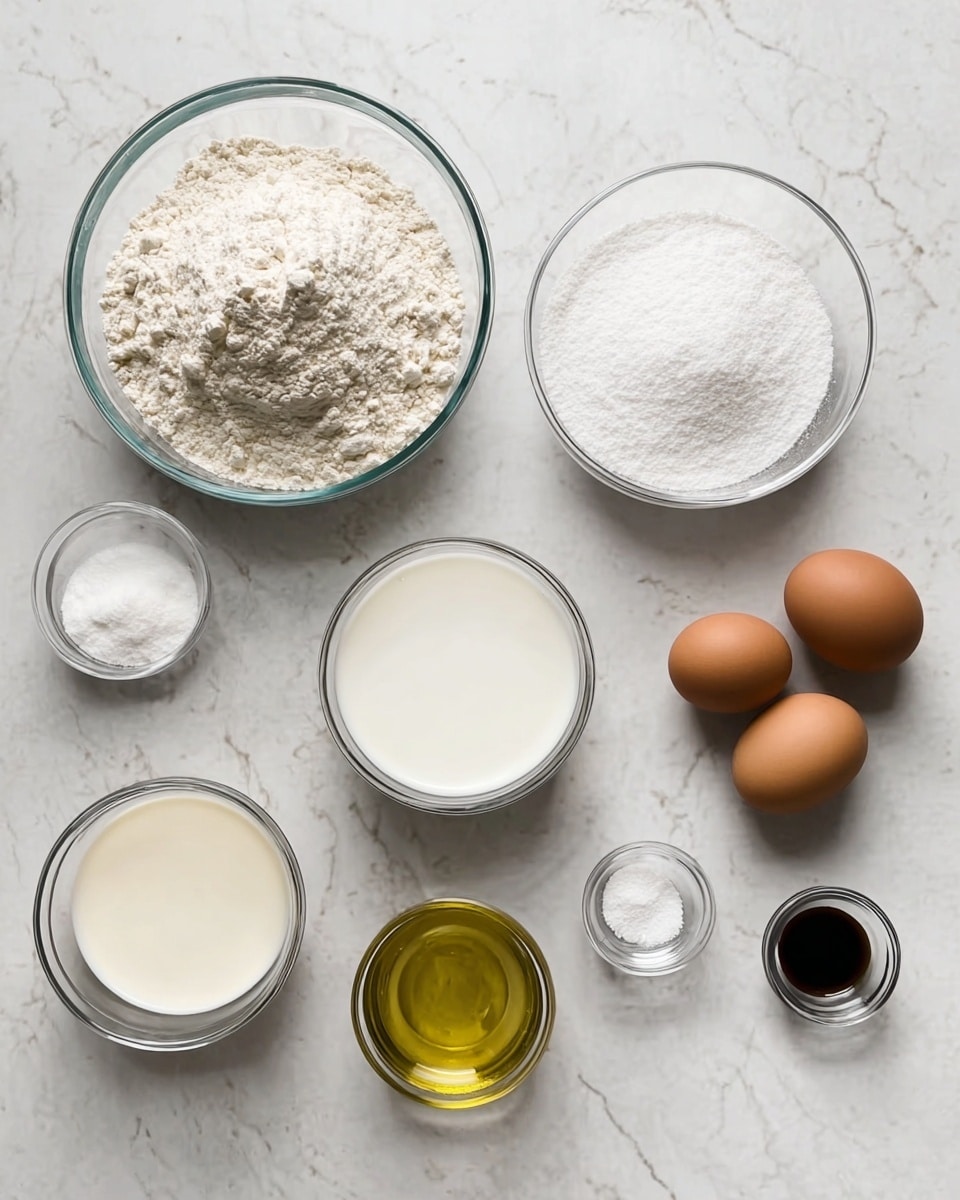 The image shows a top view of 10 baking ingredients neatly arranged on a white marbled surface. There are two large clear glass bowls at the top, one with white flour on the left and one with white sugar on the right. Below them, a medium clear bowl holds a white liquid, likely milk or cream. To the right of this bowl are three brown eggs, arranged closely. Surrounding the larger bowls are smaller clear glass bowls, each holding different ingredients: a golden yellow liquid (oil) on the left bottom, a light beige liquid below the oil, white salt, white baking powder, dark brown vanilla extract, and two other small bowls with white powders, all evenly spaced. The overall look is clean and organized. photo taken with an iphone --ar 4:5 --v 7
