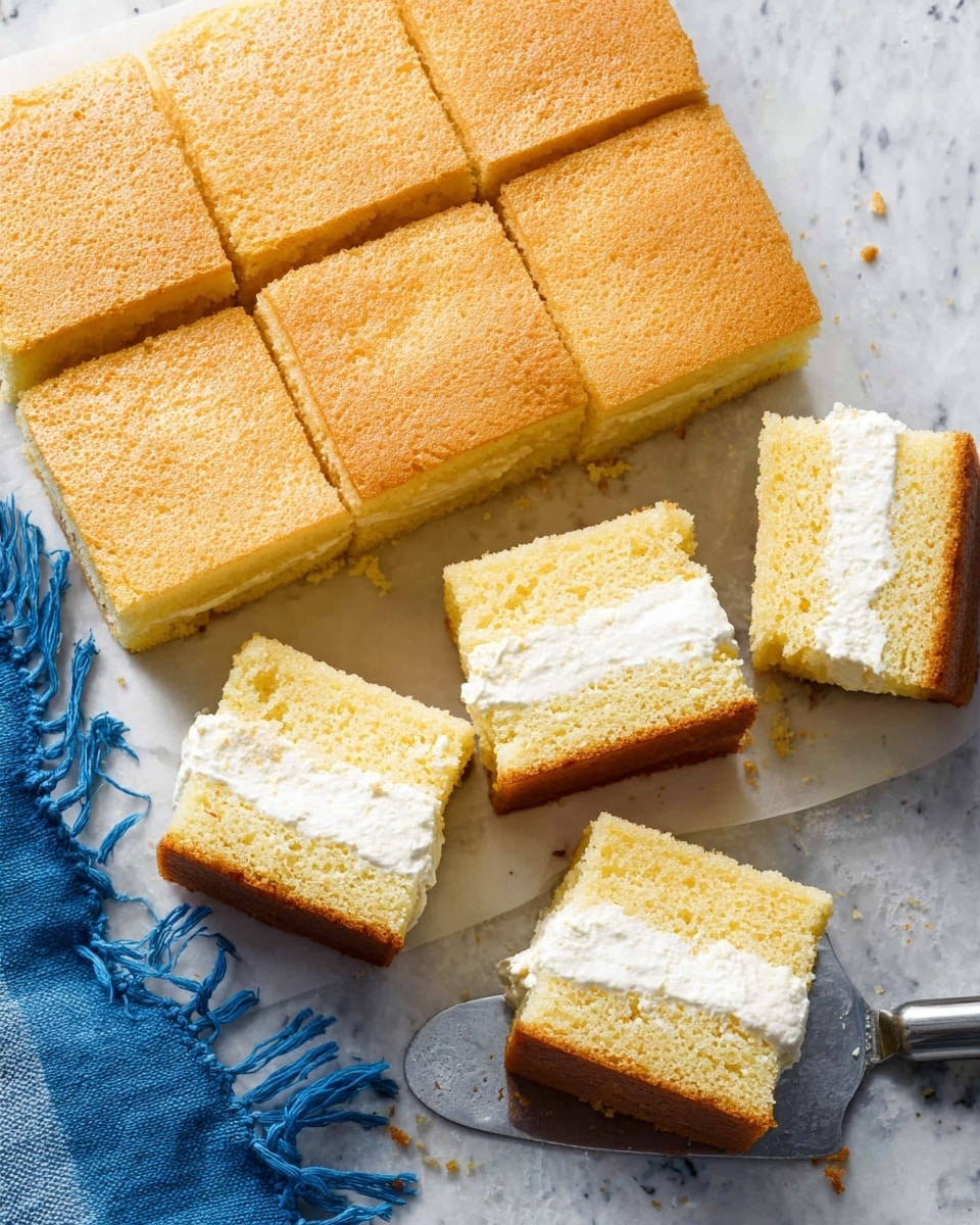 The image shows a light golden square cake cut into nine even pieces, with two pieces slightly pulled out to show the inside. The cake has two layers separated by a thick, smooth white cream filling. The texture of the cake is soft and slightly porous, and the surface is evenly baked with a light brown top. The cake rests on white parchment paper on a surface with a white marbled texture, and a blue fringed cloth is partially visible on the left side. One piece is held by a metal spatula at the bottom right corner, slightly lifting it from the rest. Photo taken with an iphone --ar 4:5 --v 7