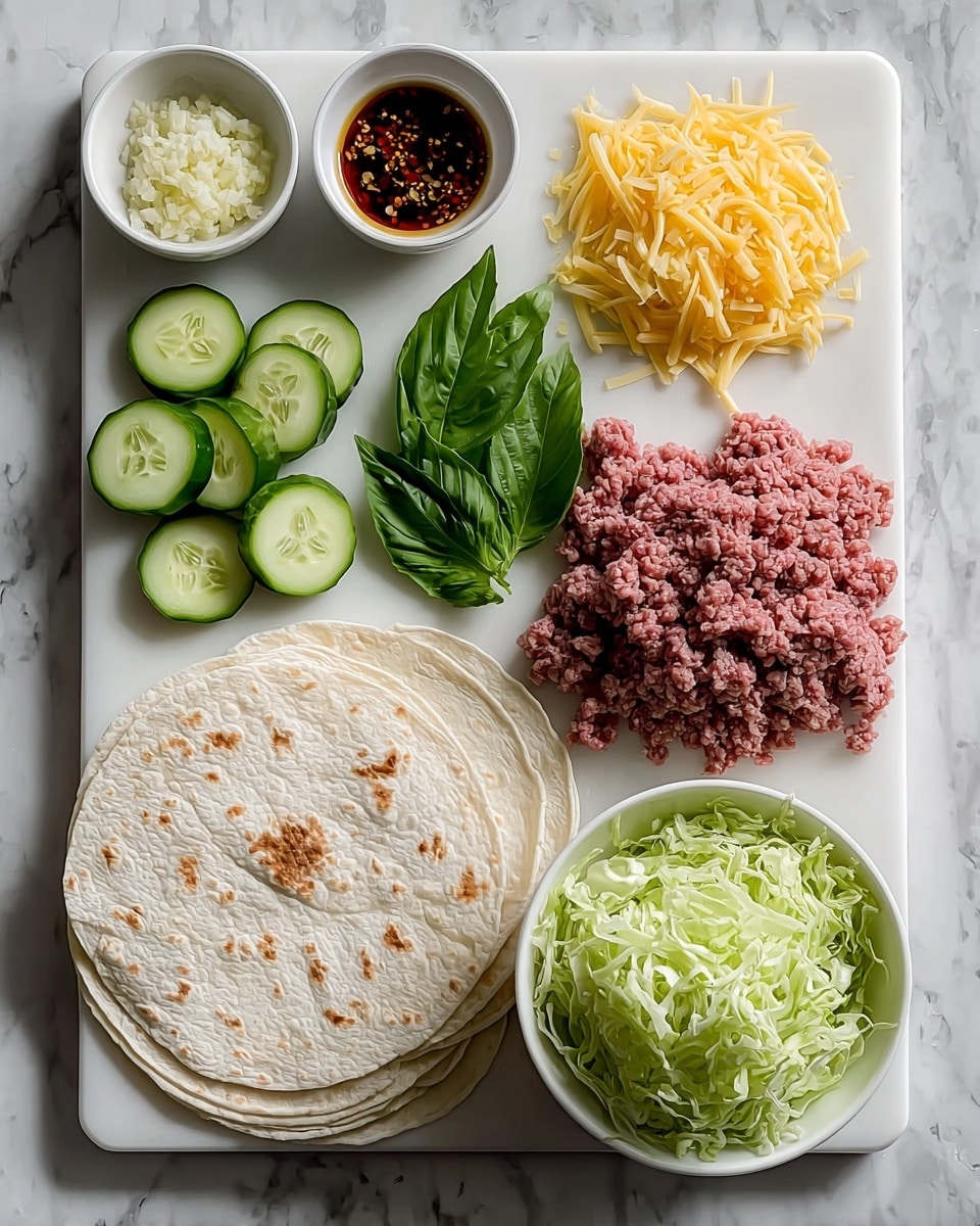 The image shows a white rectangular board on a white marbled surface with fresh cooking ingredients neatly arranged. There are several white tortillas stacked on the bottom left, beside a small pile of shredded yellow cheese. Above these are six cucumber slices in a row. In the top left corner, three small white bowls hold minced garlic, chili flakes in oil, and a dark soy sauce. To the right of these bowls lies a whole garlic bulb and a bunch of bright green fresh basil leaves. A large mound of raw ground meat sits to the right center, and a small white bowl filled with shredded pale green cabbage is placed at the bottom right. Photo taken with an iphone --ar 4:5 --v 7