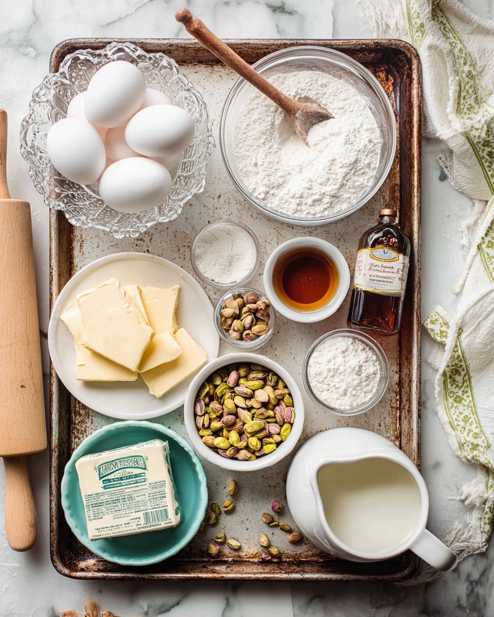 The image shows baking ingredients neatly arranged on a worn metal baking tray placed on a white marbled surface. At the top left, a clear glass dish holds four white eggs. Next to it, a small white bowl contains a brown liquid, while to the right is a white ramekin overflowing with whole pistachio nuts in green and brown tones. Below, a bottle of pure almond extract is placed horizontally. In the center, a partially opened foil package of cream cheese sits beside a white ceramic pitcher filled with milk. At the bottom right, a clear glass bowl is filled with white flour. To the bottom left, a white plate has neatly sliced butter, and on it is a small turquoise bowl with salt. A small wooden bowl with chopped pistachios sits nearby, and a glass bowl of white sugar with a wooden spoon stands prominently on the left side of the tray. The scene is softly lit, showing texture and color contrast on a clean white marbled background. Photo taken with an iphone --ar 4:5 --v 7