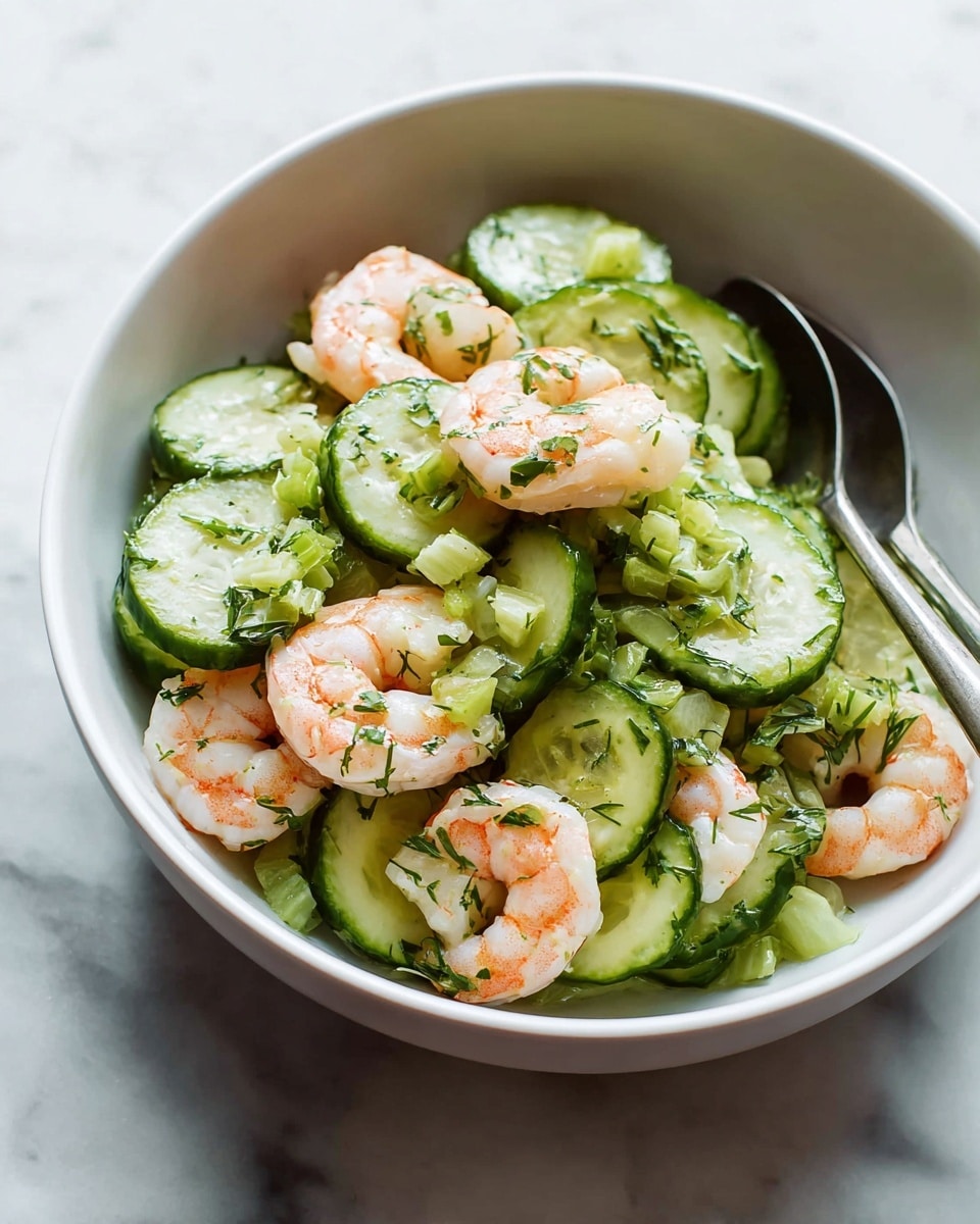 The image shows a white bowl filled with a fresh shrimp and cucumber salad. The salad has two main layers: at the bottom, there are many slices of green cucumber with a smooth texture, some partially visible; on top, there are plump, pink and white cooked shrimp with a slight curve and seasoning of black pepper and fresh green herbs sprinkled all over. The shrimp and cucumbers are mixed with small pieces of light green celery and herbs, giving the salad a mix of soft and crunchy textures. There is a silver spoon placed inside the bowl, and the bowl sits on a white marbled textured surface. Photo taken with an iphone --ar 4:5 --v 7